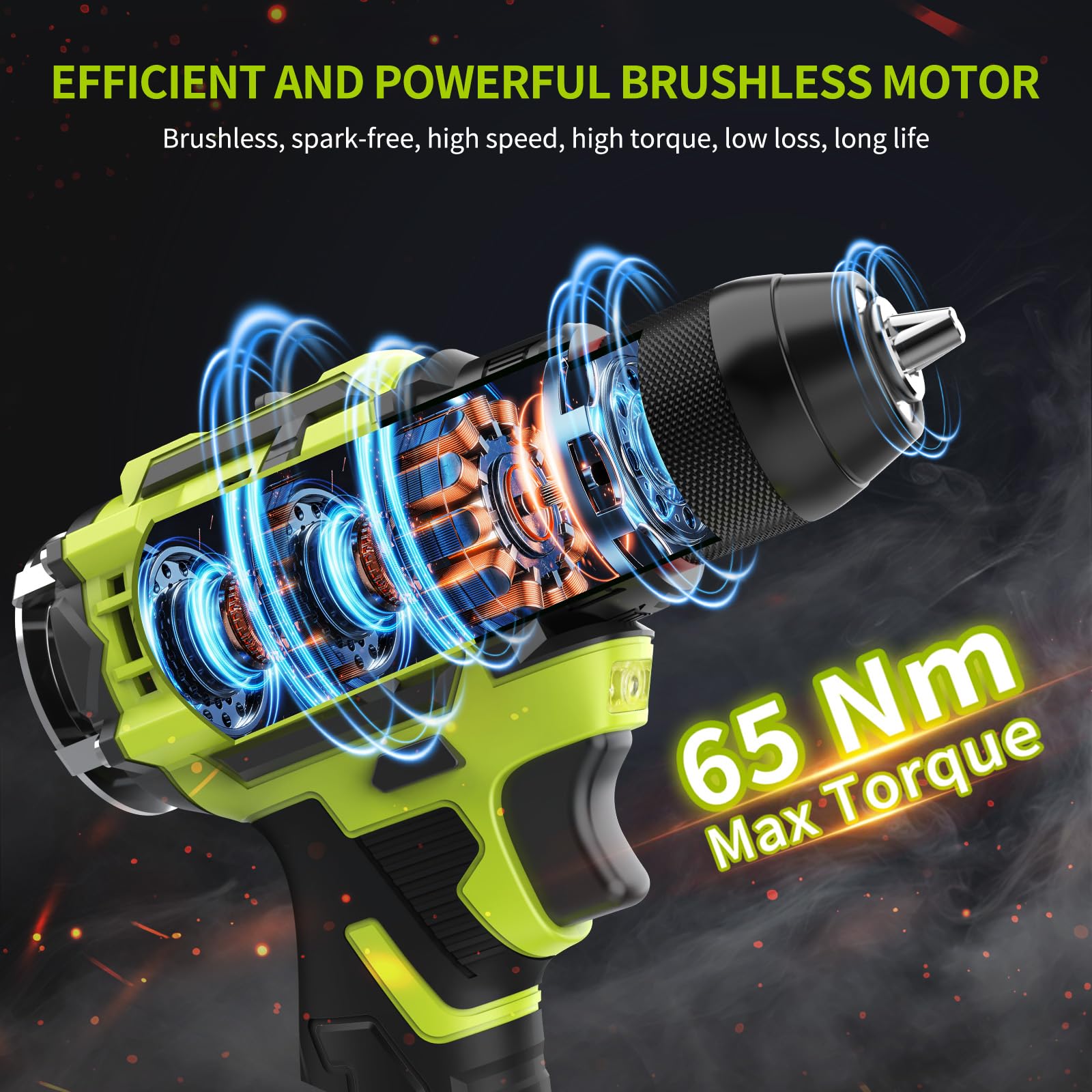 VOERJIA Akku Bohrschrauber, bürstenloser 21V Bohrschrauber mit 2 Akkus 2000 mAh, 20+3 Drehmoment, 3/8-Zoll-Bohrfutter, 65 Nm max, 2-Gang-LED-Bohrersatz, 46-teiliges Heimwerker für Zuhause