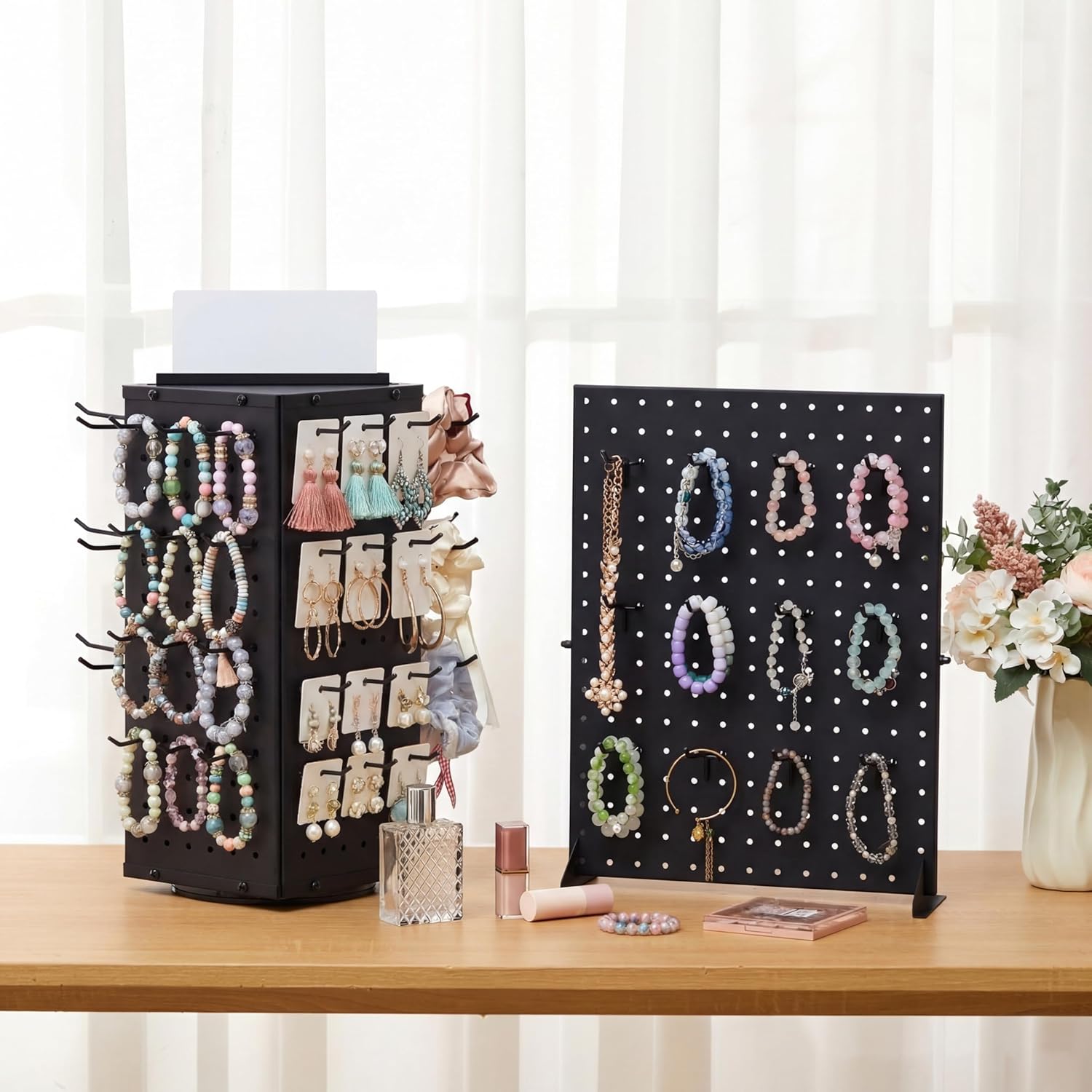 Weysat Pegboard Display Stand Set for Vendors, Rotating Pegboard Display Stand + Peg Board Rack with 36 Hooks, 360° Spinning Metal Jewelry for Craft Shows, Retail Markets, Keychains & Accessories