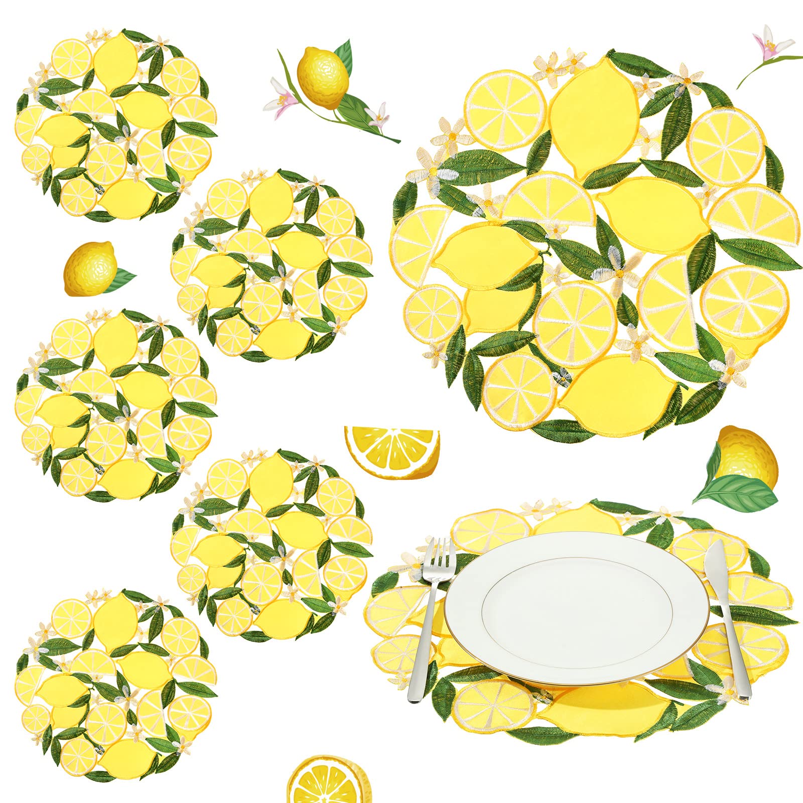 6 Pcs Spring Summer Embroidered Lemon Placemats 14'' Lemon Floral Cutwork Round Placemats Doilies Washable Placemats for Home Dinning Kitchen Wedding Restaurant Buffet Limoncello Party Decorations