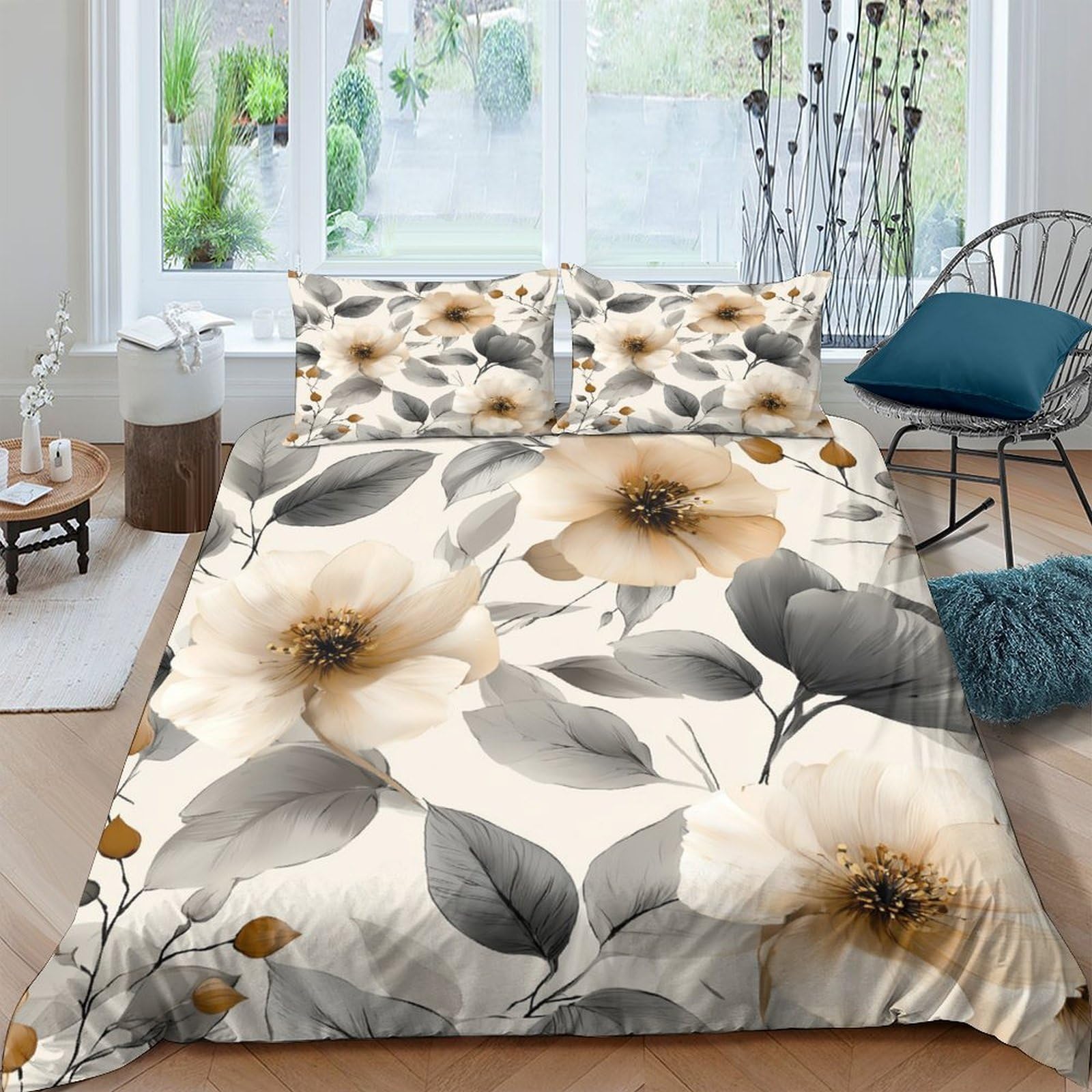 Unrxjzlvm Style-7 Floral 3D Microfiber Duvet Set Aesthetic Bedding Teens
