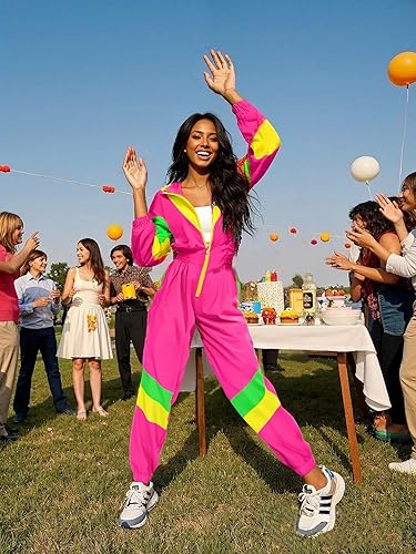 Miniatura 3 de UOUA Traje de los años 80 para mujer, disfraz de una sola pieza, traje de entrenamiento de manga larga, ropa retro para fiestas