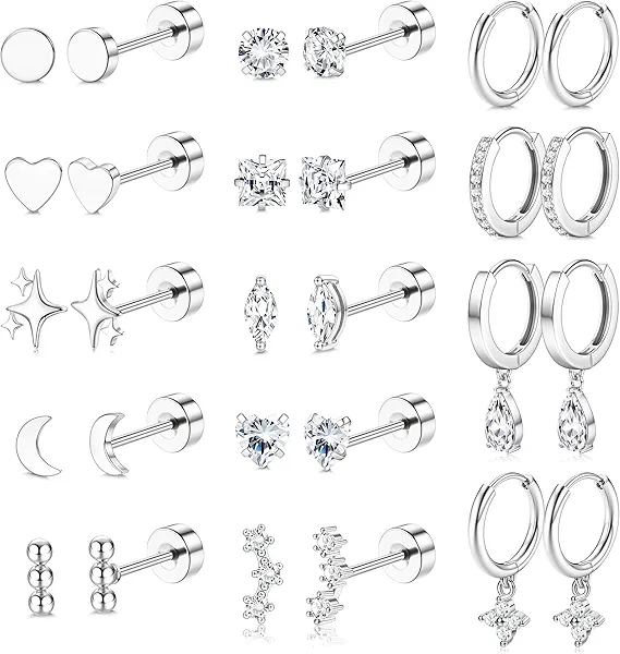 Florideco Hypoallergenic Flat Back Earrings for Women 14K Gold Plated Surgical Steel Stud Hoop Earrings for Sensitive Ears Stainless Steel Earrings Flatback Stud Cartilage Earring Set
