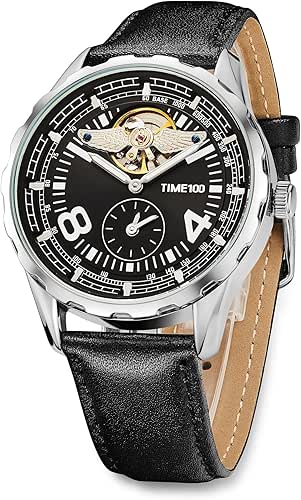 TIME100 Men's Automatic Mechanical Watch Luminous Hands Skeleton Dial Waterproof