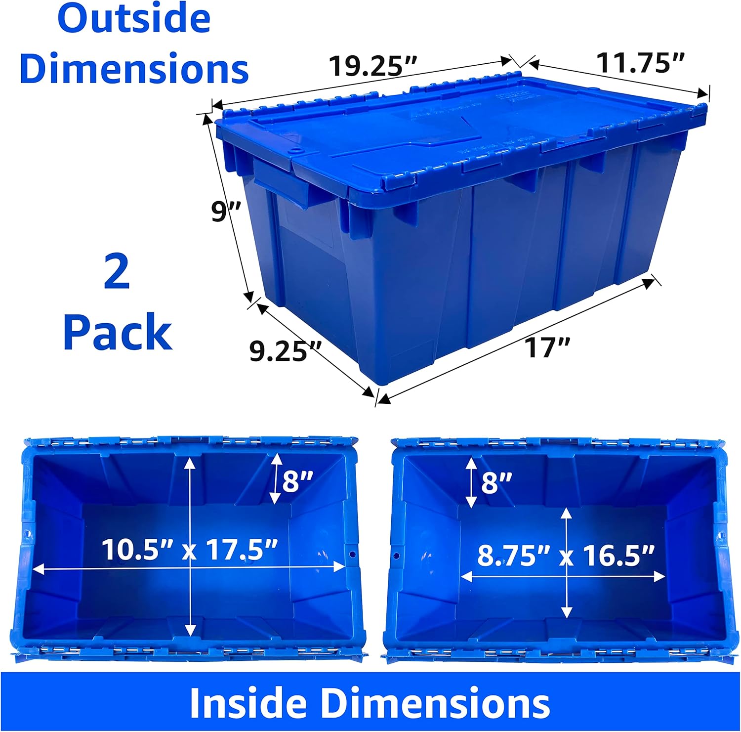 Heavy Duty Stackable Crates, 2 Pack, Blue, Storage Bins With Lids, Container For Home, Garage, Business, Organizing Containers For Closet Space Saving, Plastic Storage Box For Moving & Storage