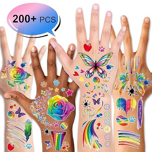 Más de 200 tatuajes temporales de arco iris, tatuajes de Konsait de mariposa/flor/corazón/arco iris, calcomanías impermeables para niñas y niños,