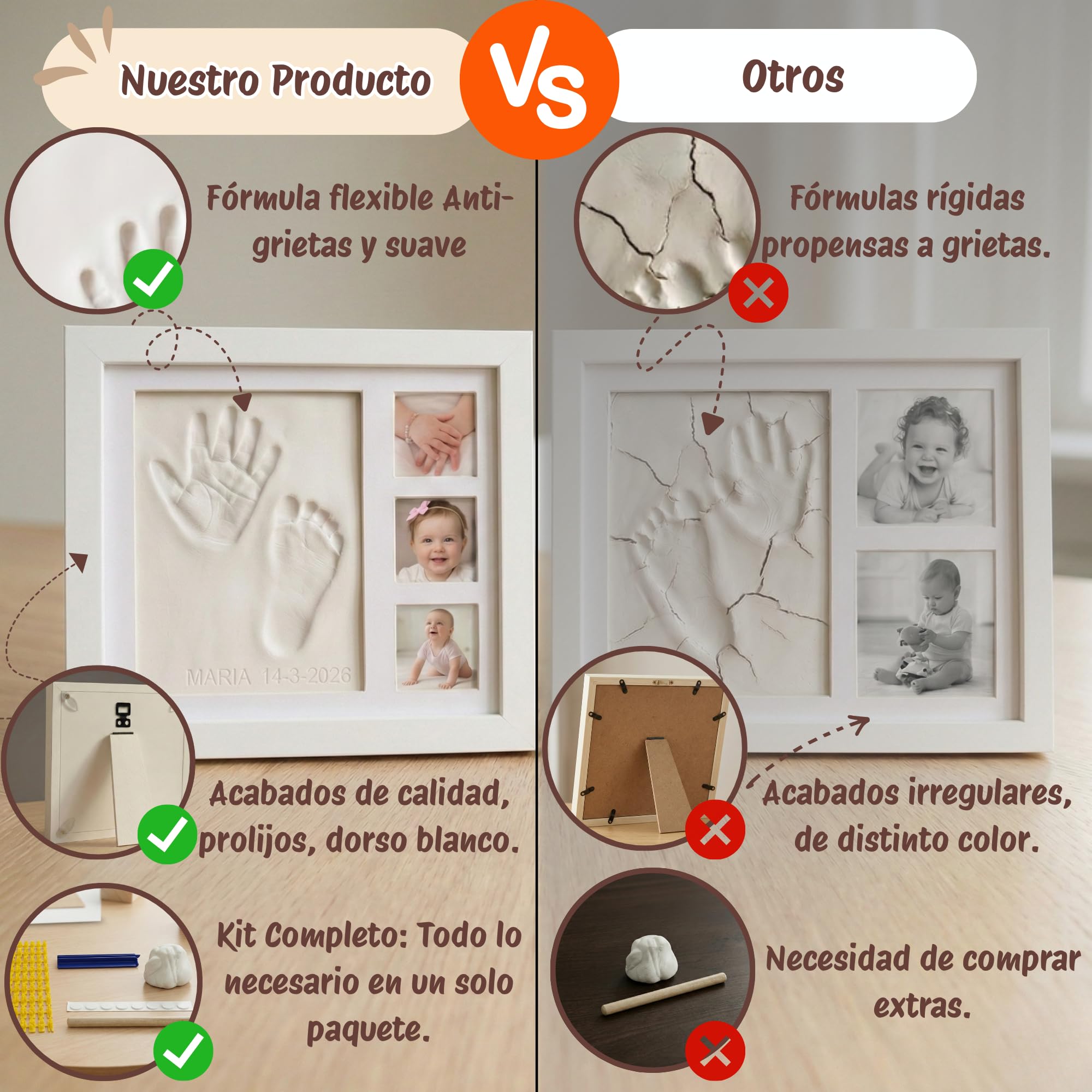 LUMS Marco Huellas Bebé Recién Nacido - Kit de Huella con Arcilla Flexible que No se Agrieta - Madera Blanca de excelente acabado, Regalo Bebé Recién Nacido Original