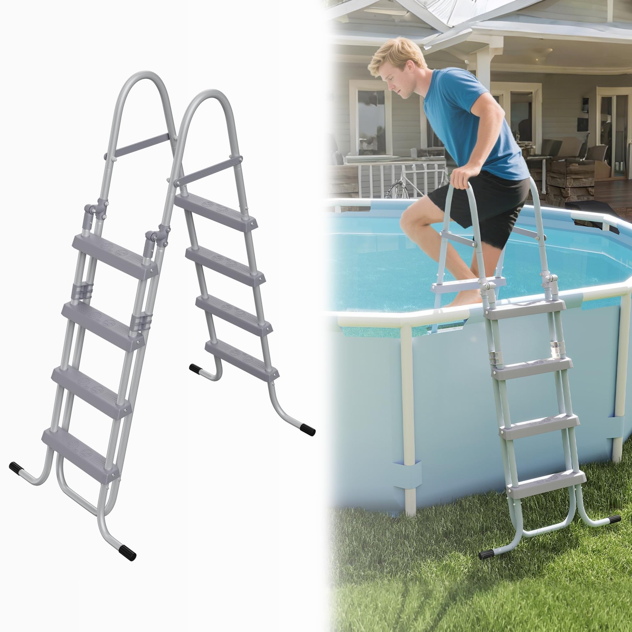 Échelle de piscine à 4 marches en métal pour piscine hors-sol jusqu'à 130 cm réversible charge maximale 150 kg gris