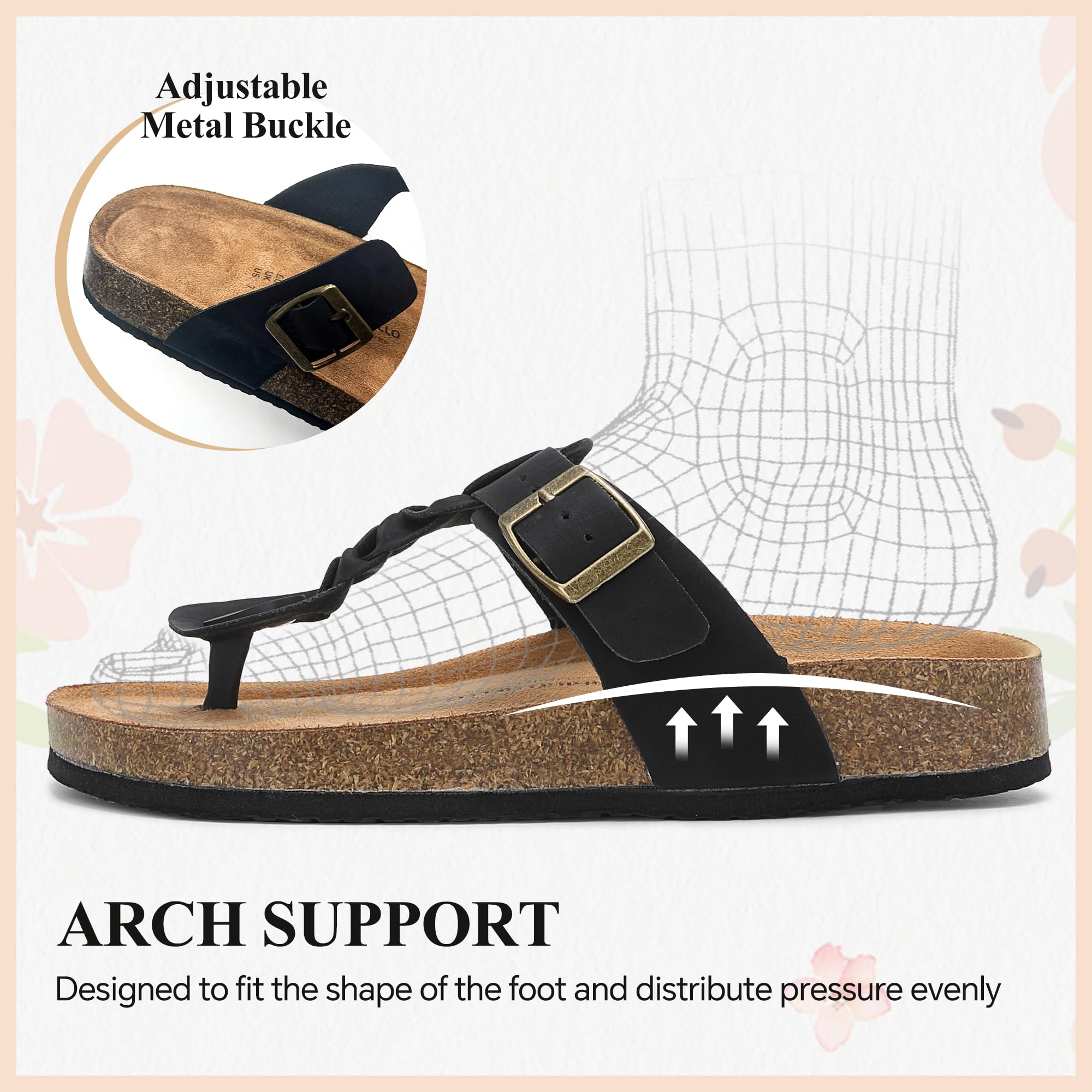ARRIGO BELLO Tongs Femmes Chaussons Semelle Intérieure Liège Lanières Boucles Réglables Sandales d'été avec Soutien Voûte Plantaire Tailles EU 36-41