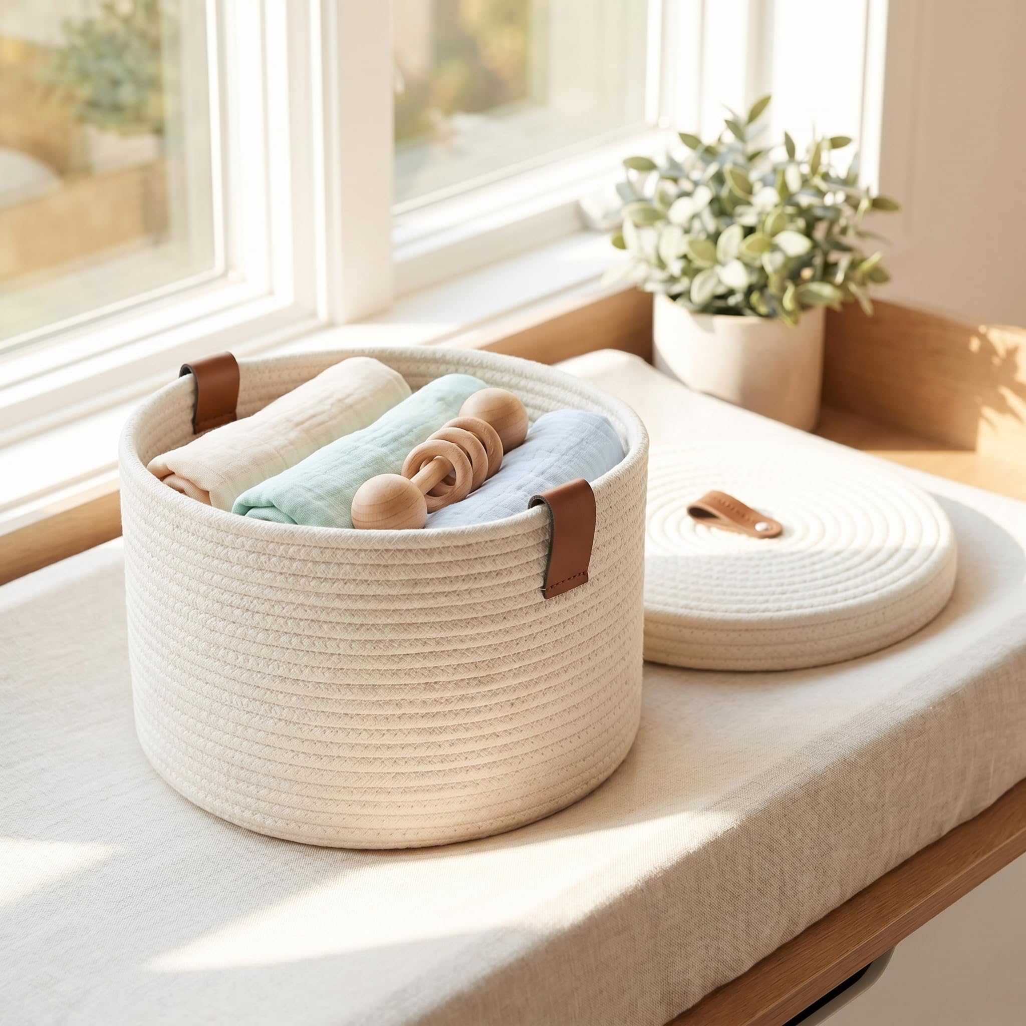2 Stücke Aufbewahrungskörbe mit Deckel rund, Baumwollfaden Korb Geflochten mit Deckel, Waschbarer Dekorativer Korb, Multifunktionaler Organizer für Regale, Wohnzimmer und Badezimmer (Jute Weiß) Küche, Haushalt & Wohnen
