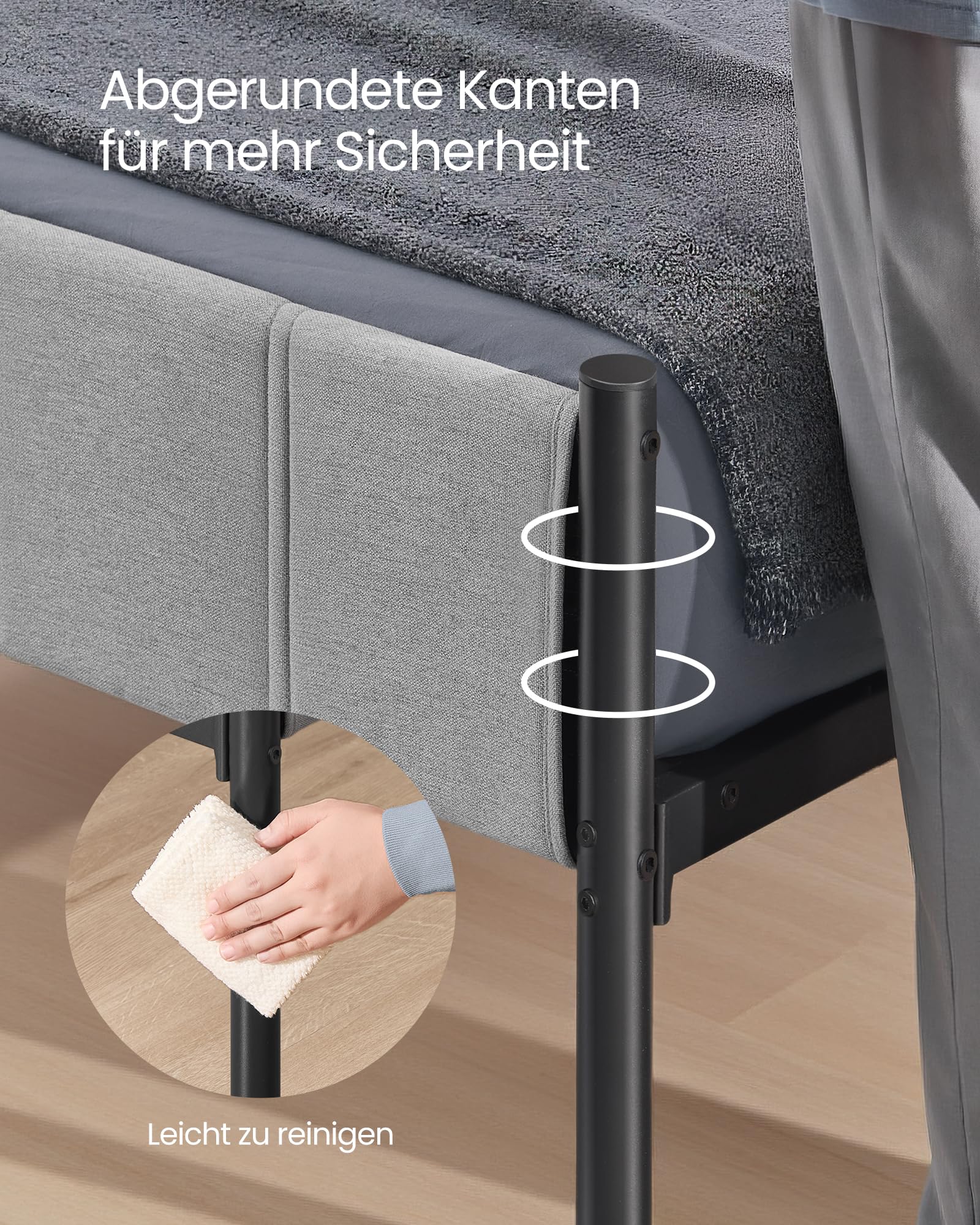 VASAGLE Einzelbettgestell, Bettgestell, 90 x 200 cm, mit gepolstertem Kopfteil, Bettrahmen, Stahl, trägt bis zu 250 kg, einfache Montage, Taubengrau RMB972G01