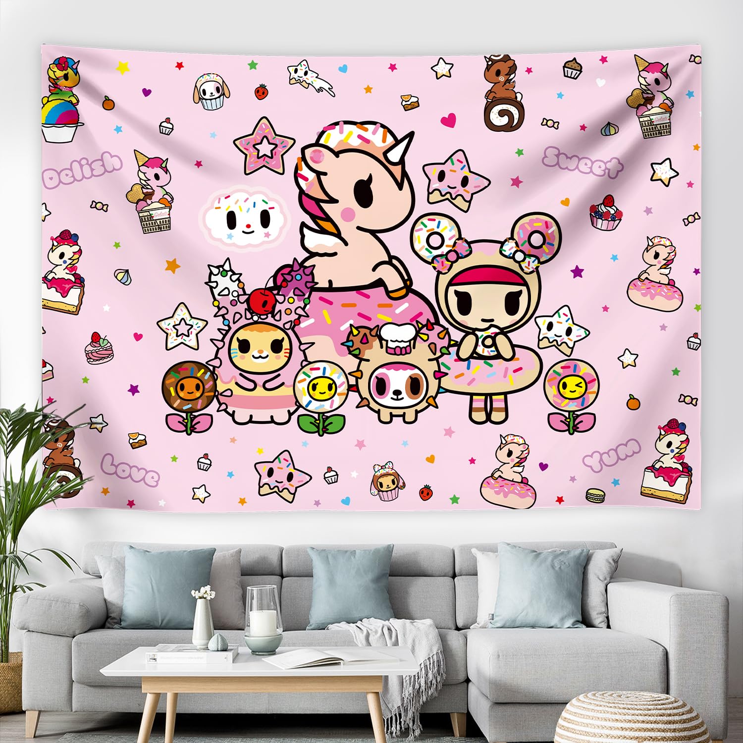 Official Tokidoki Unicorno Tapestry Wall Hanging, 3x5ft Party Photography Backdrop Decorations for Living Room Bedroom Home, Cartoon Birthday Party Supplies Banner Tablecloth(Delicious_Unicorni)