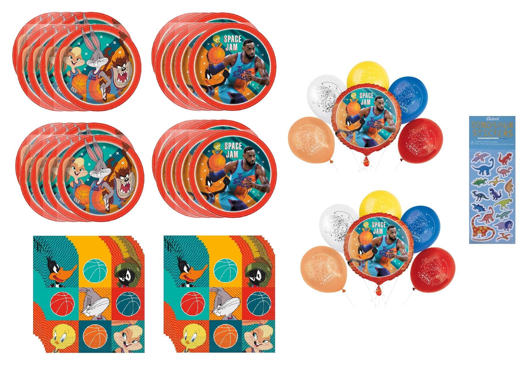 Space Jam Birthday Party Supplies Bundle Pack includes 16 Dessert Pates 7", 16 Lunch Plates 9", 32 Lunch Napkins, 2 Mylar Balloons & 10 Latex Balloons