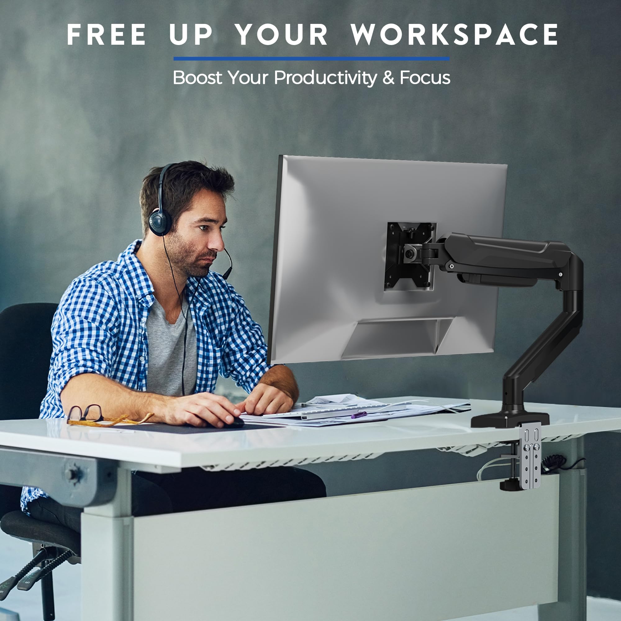 BONTEC Monitor Arm Desk Mount, Gas Spring Monitor Stand, Adjustable Full Motion VESA with C Clamp & Grommet Base, Supports 6.6-19.8lbs LCD/LED Tilt, Swivel, Rotation (Dual Arms, 13-32 Inch)