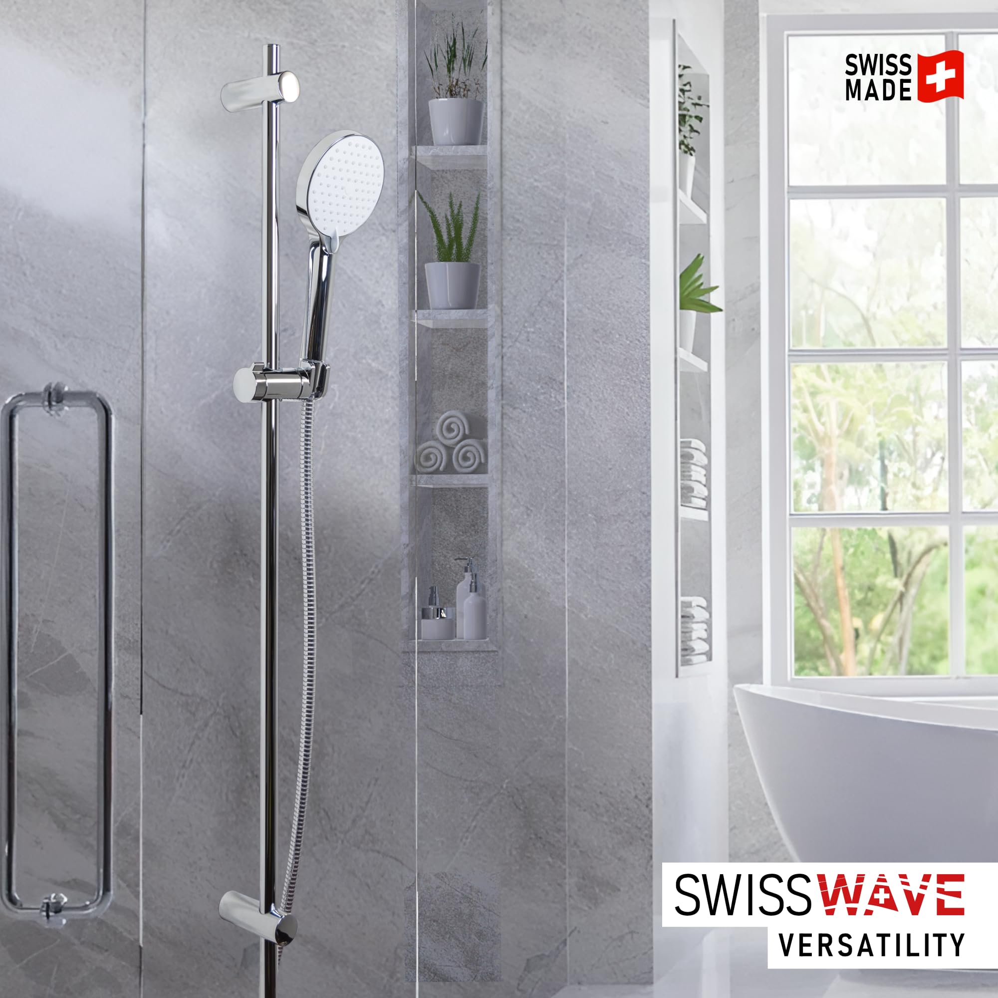 SwissWave - Kit Asta Doccia Reno 700mm con Doccetta 3 Getti e Flessibile 1600mm - Asta Acciaio Inox - Fissaggi Murali Regolabili - Installazione Semplice e Design Moderno - Argento/Cromo