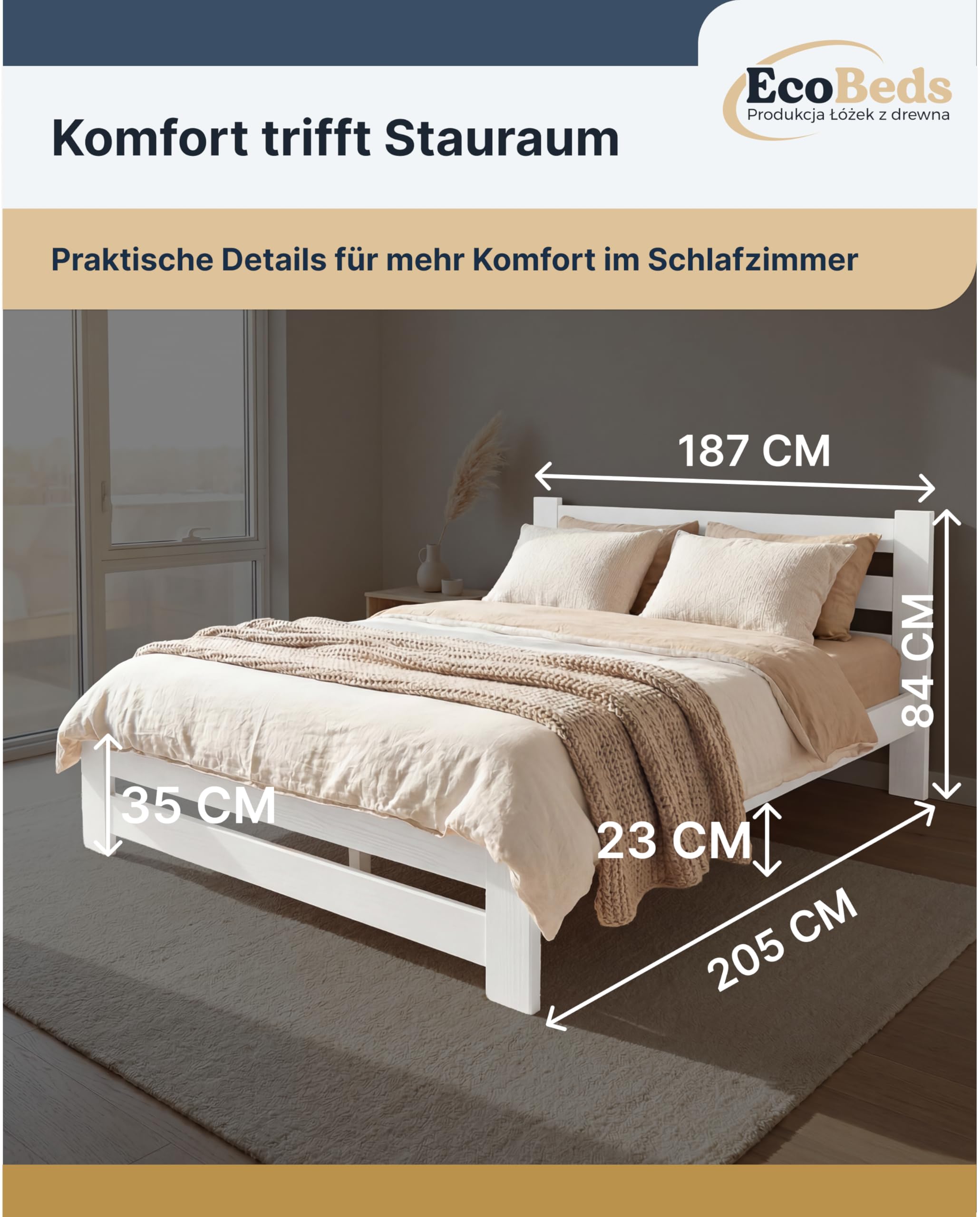 EcoBeds EKO Holzbett 180x200 cm Kiefer Massivholz bis 200 kg | Weiß - Doppelbett, Bettgestell mit Lattenrost und Stauraum, für Erwachsene, robust, einfache Montage