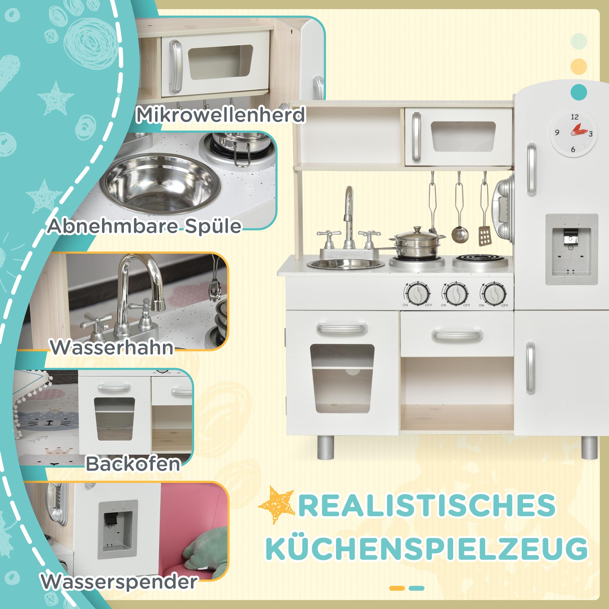 HOMCOM Kinderküche mit Ofen Spüle Kühlschrank für Kinder ab 3 Jahren Weiß | Spielküche, Puppenküche Spielset, Spielzeugküche, Geschenk für Kinder, für Mädchen Jungen