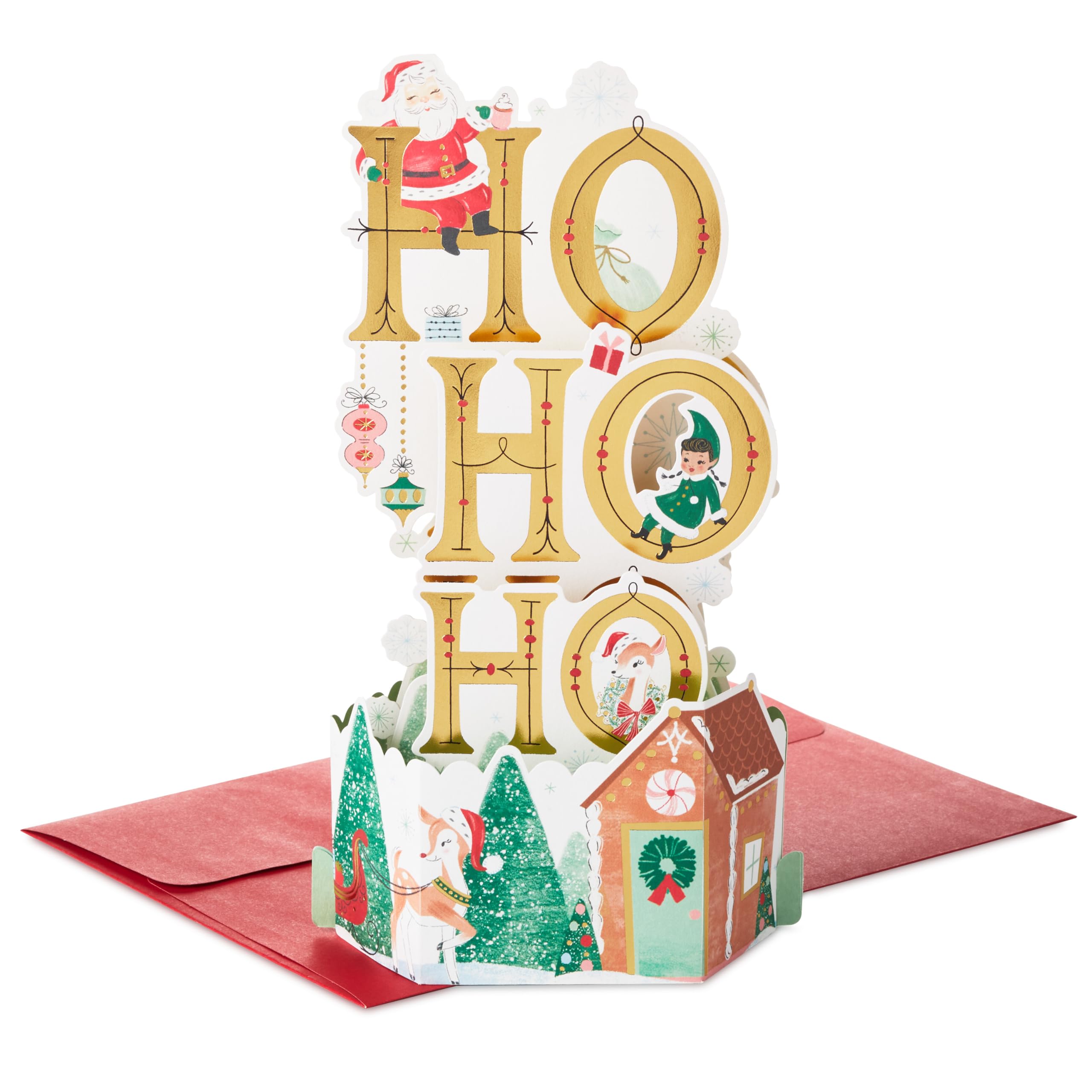 Hallmark Christmas Card, Winter Wonderland Design, 3D and Pop Up Card, Santa, Elves, Green, Red, Gold