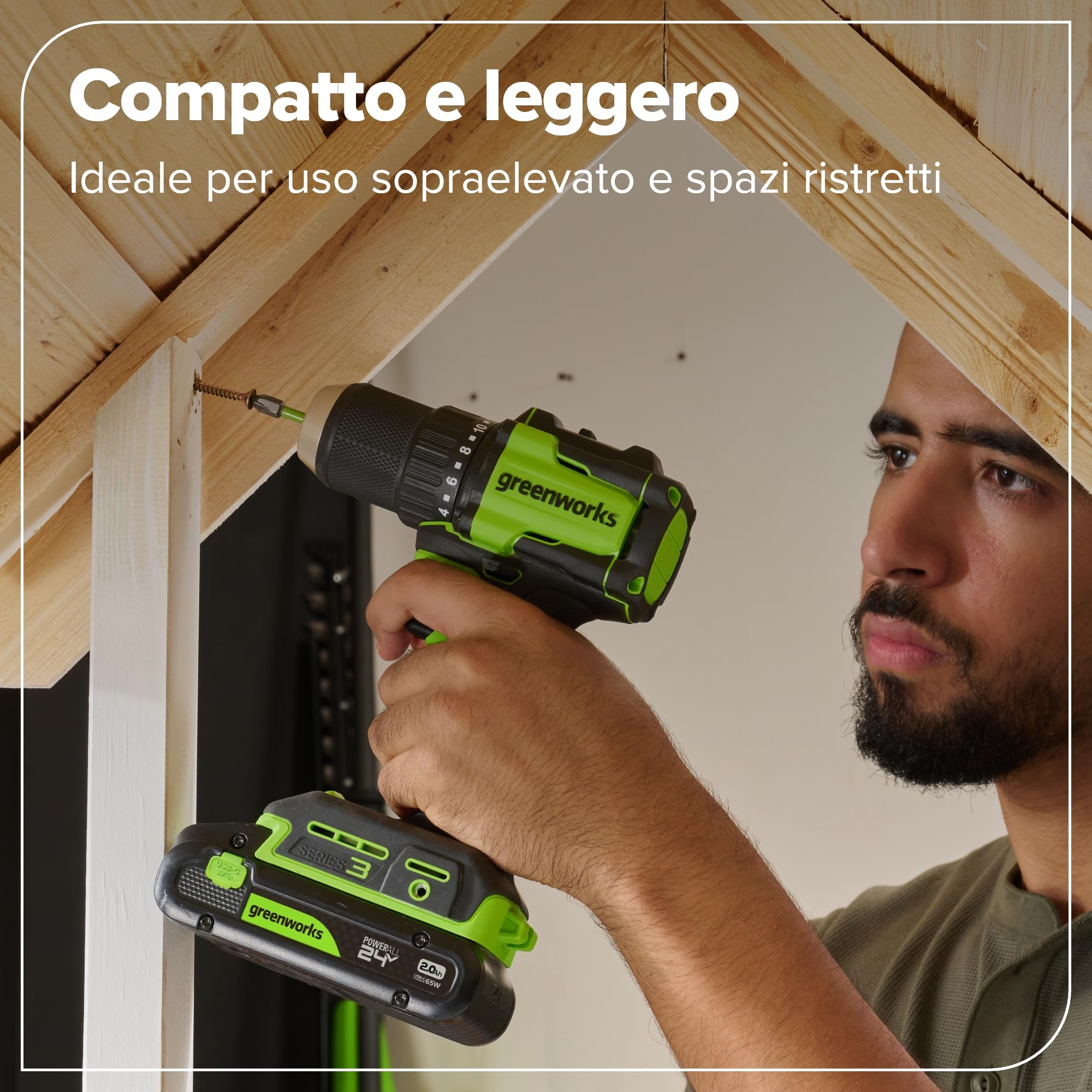 Greenworks 24V Cordless Brushless 45Nm Trapani a percussione, leggero, luce di lavoro a LED, frizione 18 + 1 senza USB-C batteria e caricabatteria