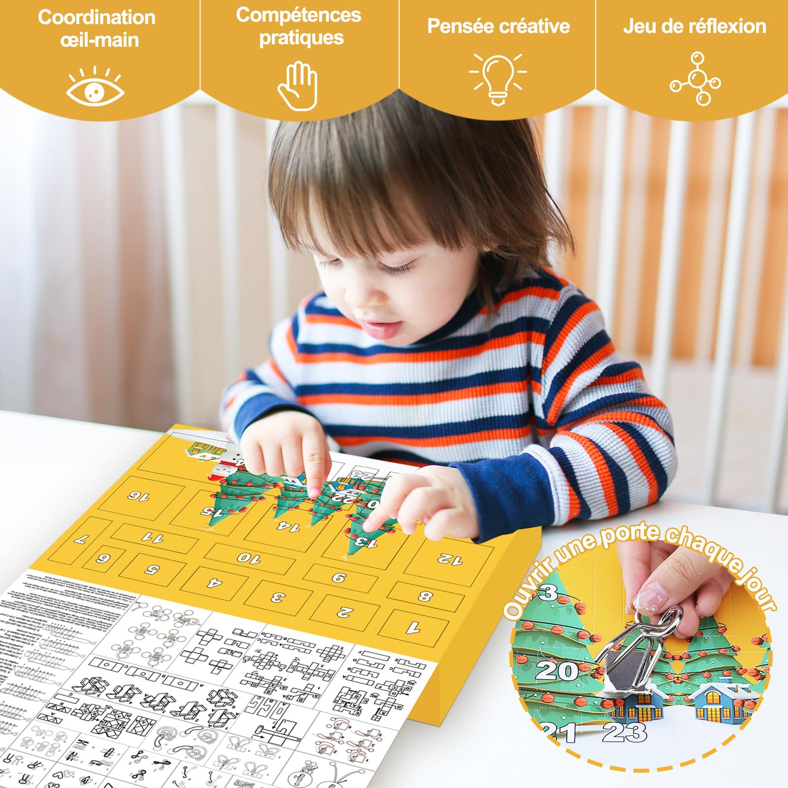 Calendrier de l'avent 2025 Casse Tete, Casse Tête en Bois et en Métal pour Cadeau Noël Enfant Adulte, Puzzle 3D pour Garçons Filles, 24 Jours de Surprise Calendrier du Compte à Rebours