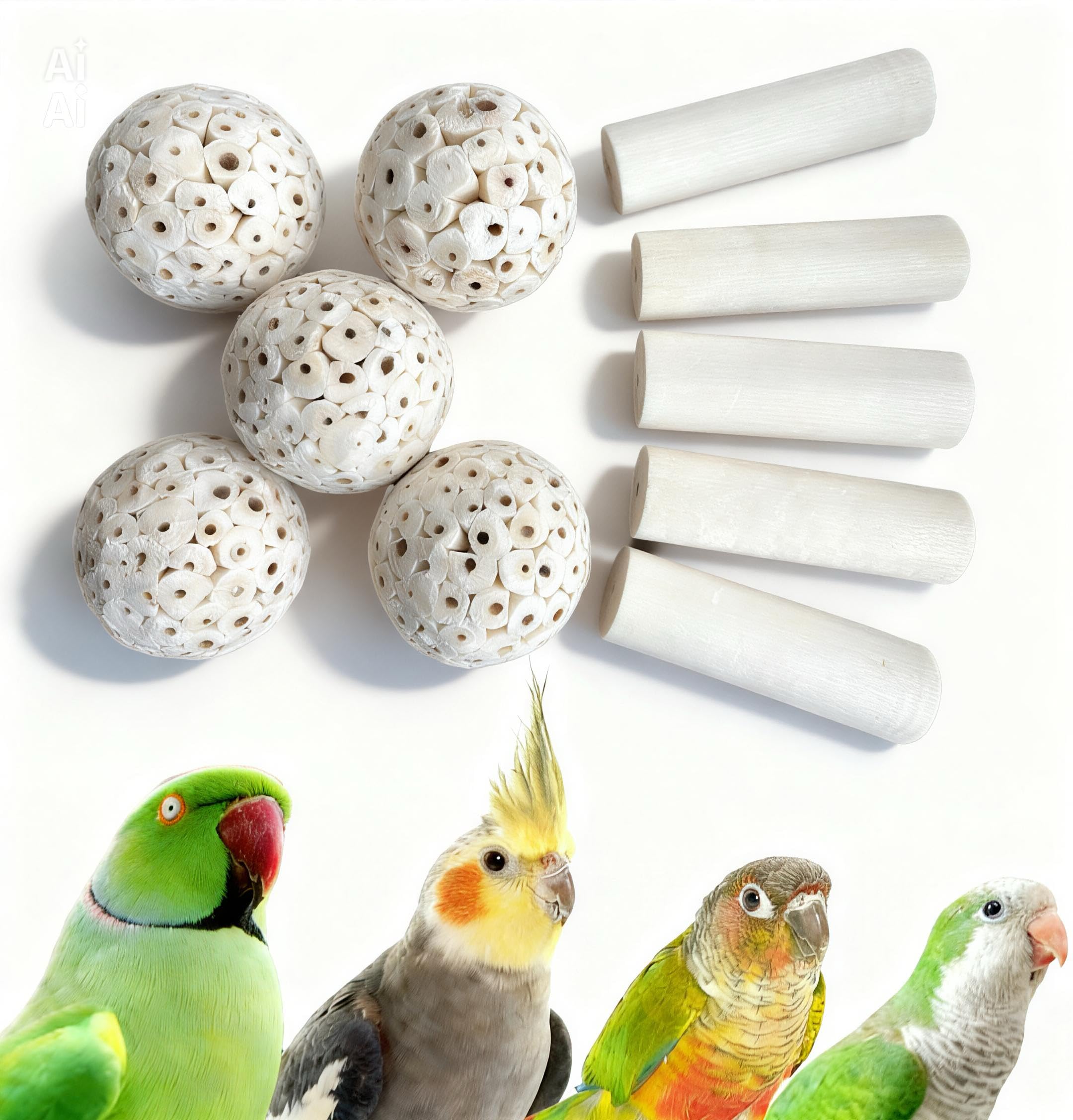 Sola Wood Bird Toy Bundle - Sola Balls & Sola Logs, Shreddable Chew Toys, Foot Toys, for Medium Birds, 10 Piece Set