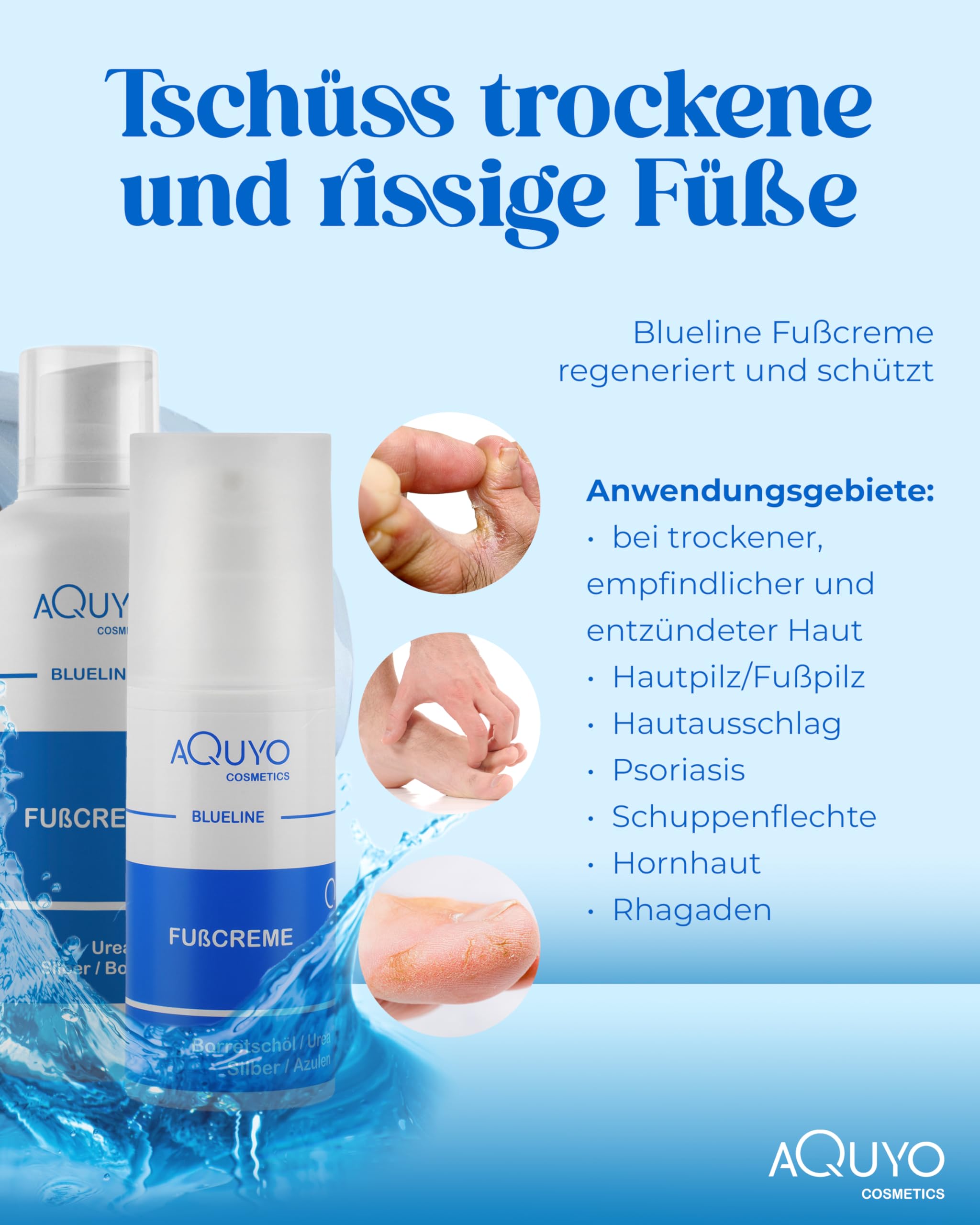 Blueline Fußcreme gegen Hornhaut und Fußpilz (3x 500ml) | Creme für trockene, rissige Füße und Entzündungen der Haut | Fusscreme mit 15% Urea | Fusspflege zur Behandlung von Schrunden