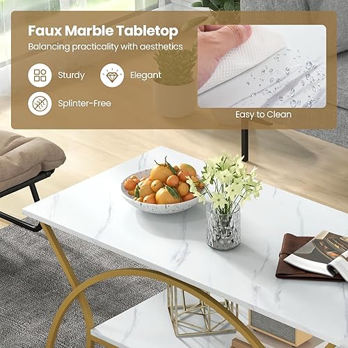 Miniatura 16 de COSTWAY Mesa auxiliar de 2 niveles, moderna mesa decorativa de mármol sintético con almacenamiento y marco de metal acabado negro, elegante mesa