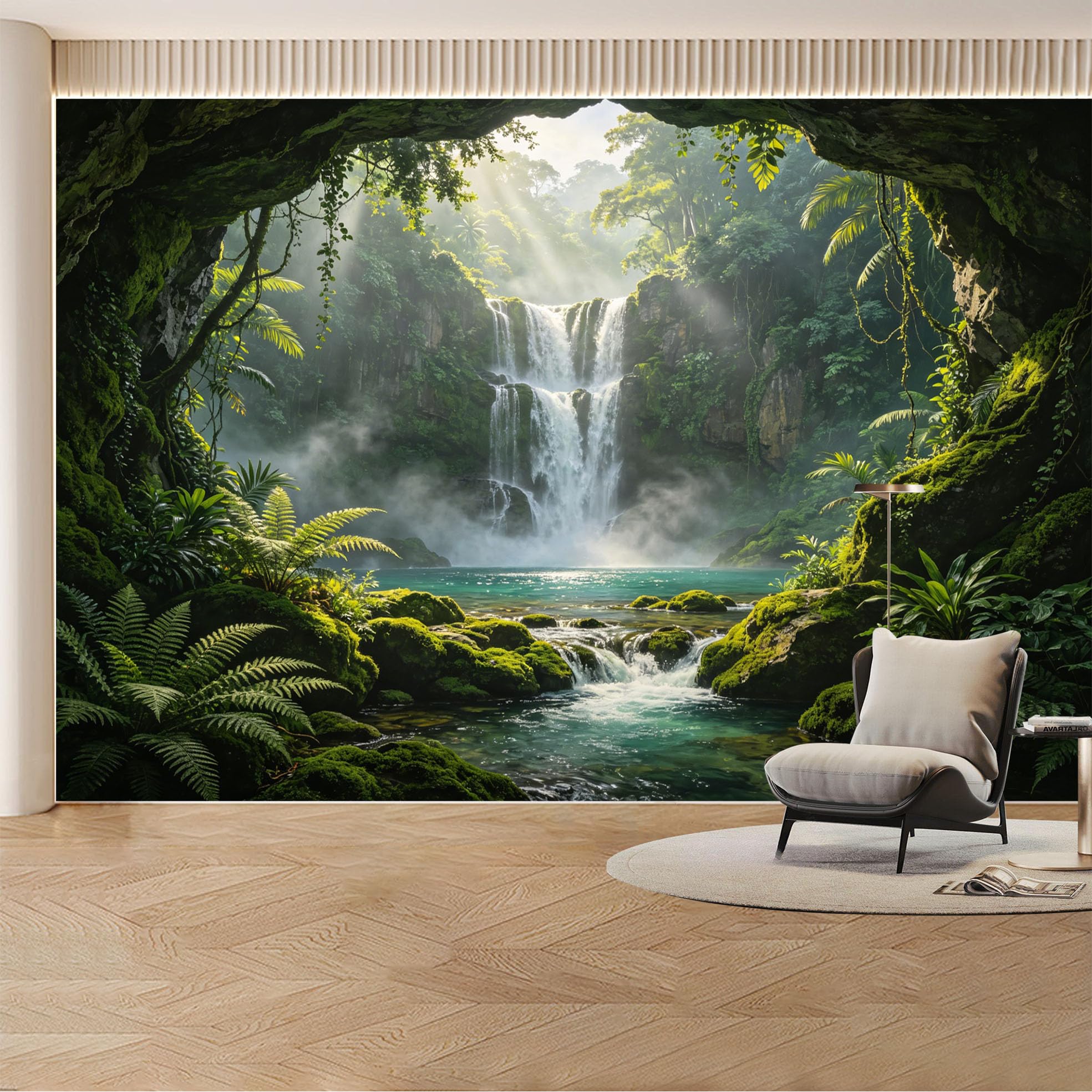 Kayorowalls Bh20260620031 Custom Wall Mural Wallpaper Waterfall Forest Landscape Nature 3D Effect Wall Decor Large Wall Art Tropical Misty Style Removable Selfadhesive Large Photo For Living Room， Bedroom， Office