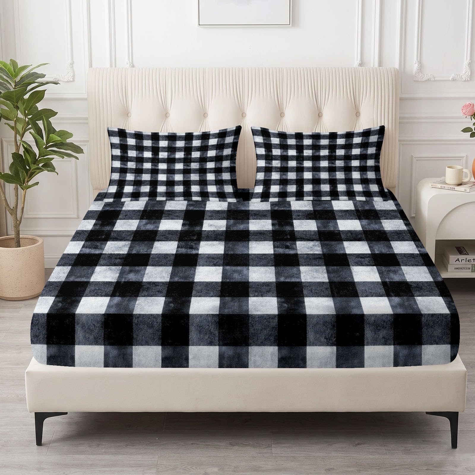 Spannbettlaken Modern Bettlaken 160 x 200 cm Weiche Atmungsaktive Mikrofaser - Schwarz Geometrie Karomuster Karo Spannbetttuch für Boxspringbett & Wasserbett Schlafzimmer Dekor, Steghöhe 30 cm