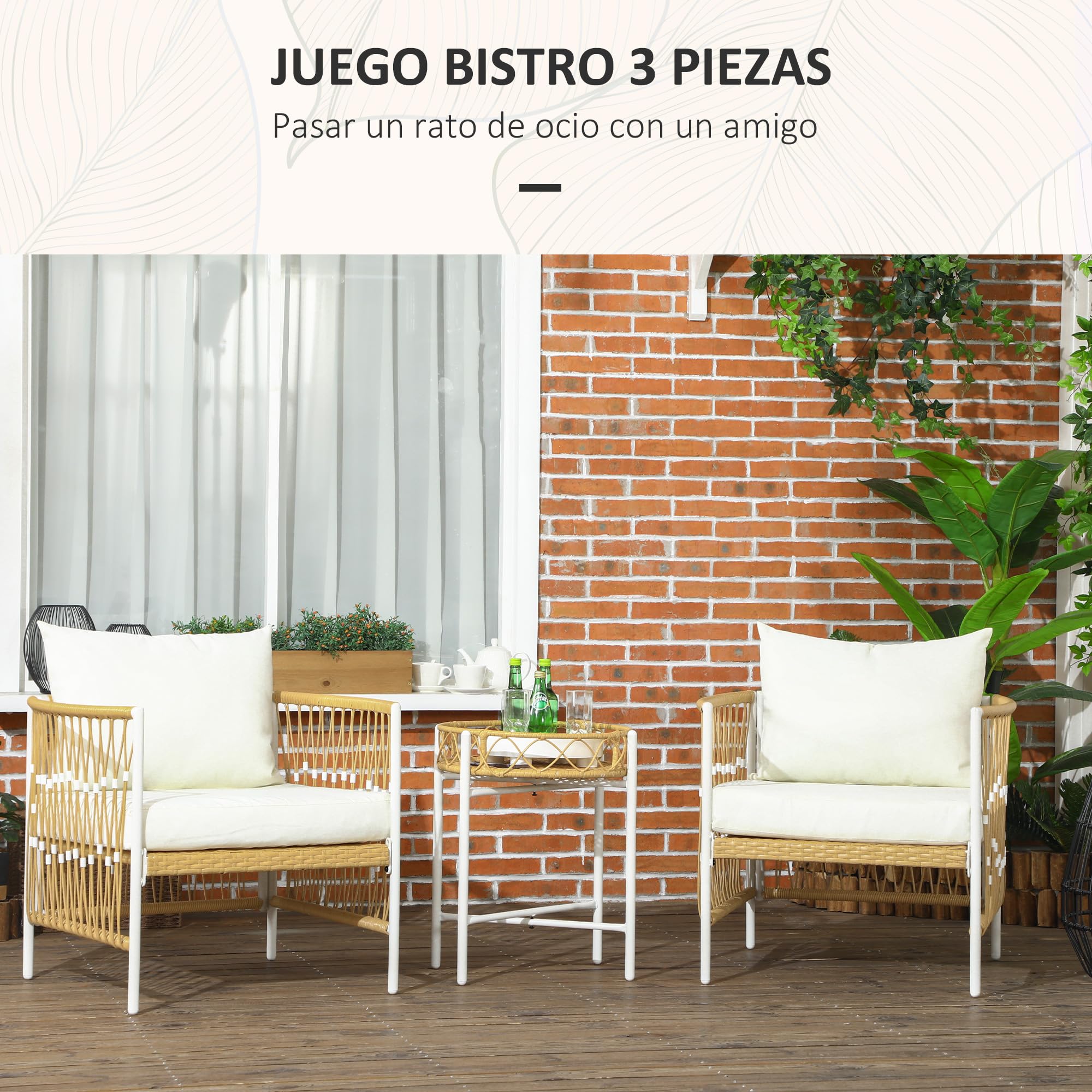 Outsunny Conjunto Jardín Exterior de 3 Piezas, 2 Sillas, Balcón, Crema | Muebles de Jardín, Mesa de Ratán, Cojines Acolchados, Fundas Extraíbles, Marco de Acero, Resistente a la Intemperie