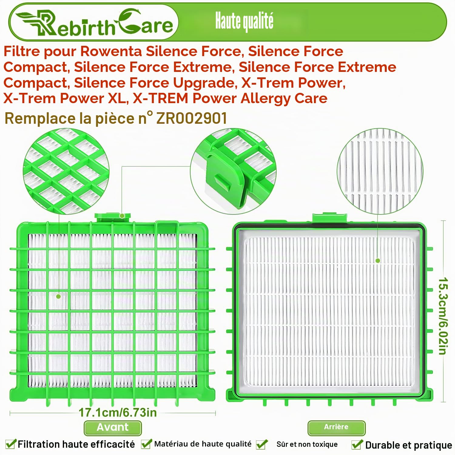 Rebirthcare ZR002901 Filtre pour Rowenta Silence Force Compact | Filtre pour Rowenta Silence Force Extreme, X-Trem Power/XL/Allergy Care RO4323 RO4523 RO5729 RO5762 RO5822 RO5825 RO5911