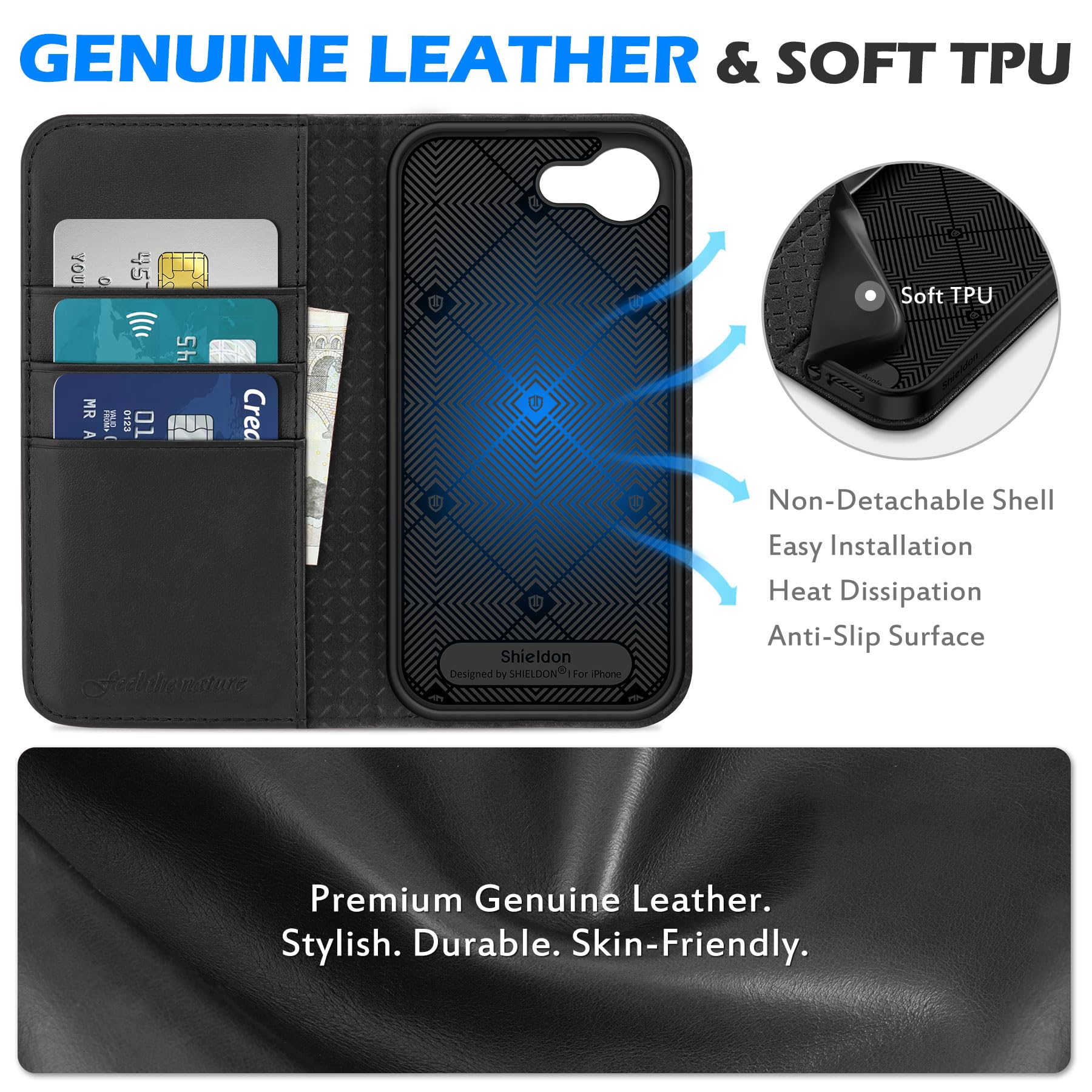 SHIELDON Funda para iPhone 17e/iPhone 16e 6.1", Cartera de Cuero Genuino [Tarjetero] [Soporte] [Bloqueo RFID] Carcasa TPU Folio Magnética Leather Wallet Case Compatible con iPhone 16e/17e 2026 - Negro