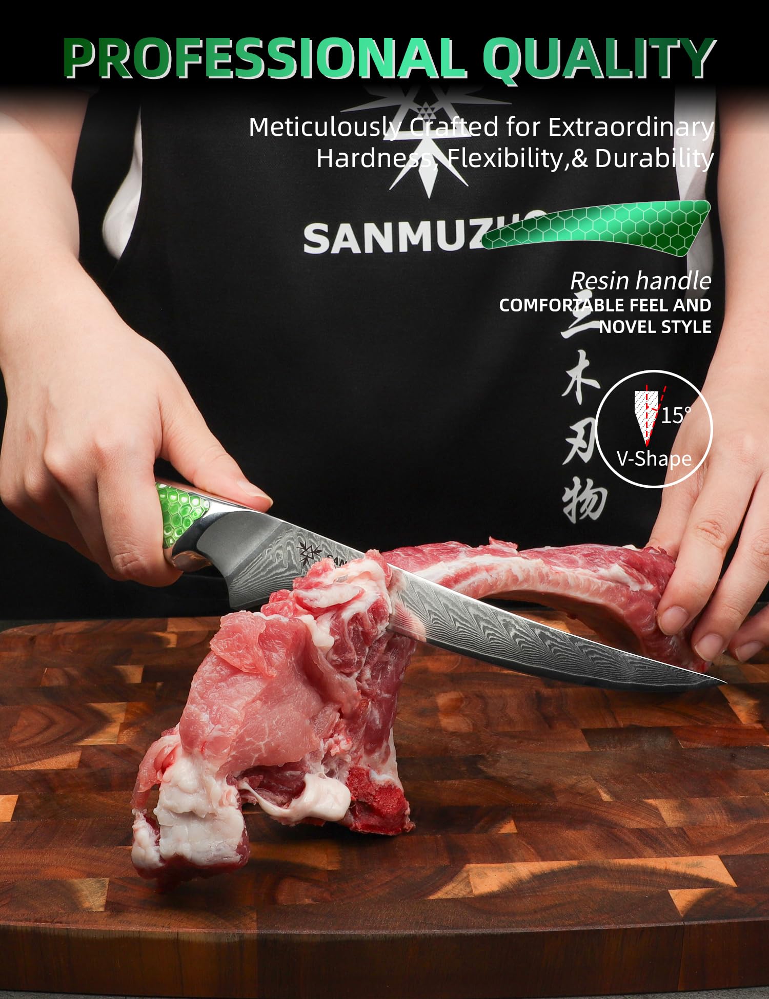 Cuchillo para filetear de 18cm, cuchillo japonés para pescado de cocina de acero damasco VG-10, cuchillo para deshuesar ultra afilado con mango de espiga completa en resina verde, serie LA-S9