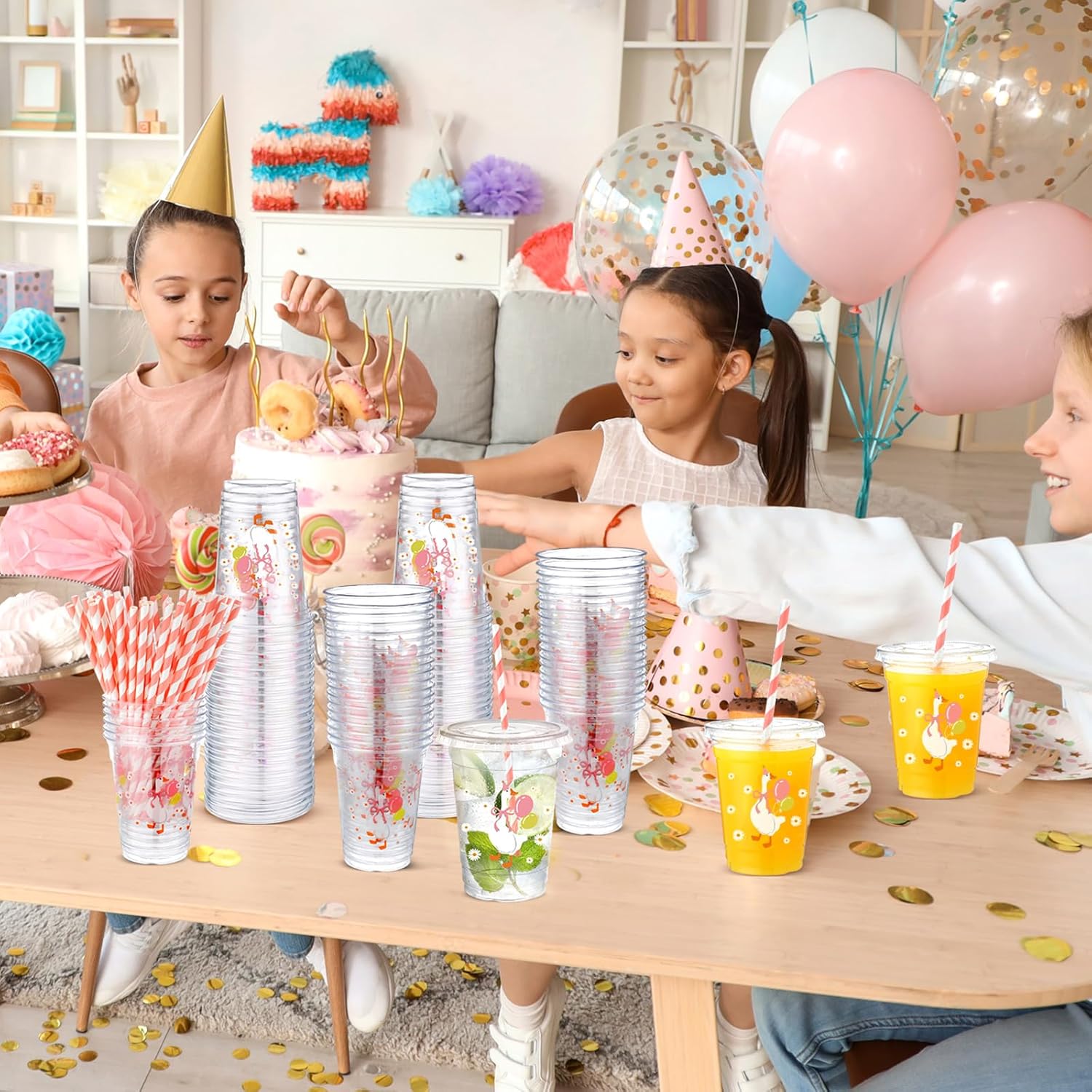 Jingmore 50 Sets Silly Goose Bow Disposable Cups for Baby Shower with Lids and Straws Plastic 12 oz Cute Bowknot Goose Cold Beverage Drinking Cups for Birthday Party Decorations Supplies(Pink)