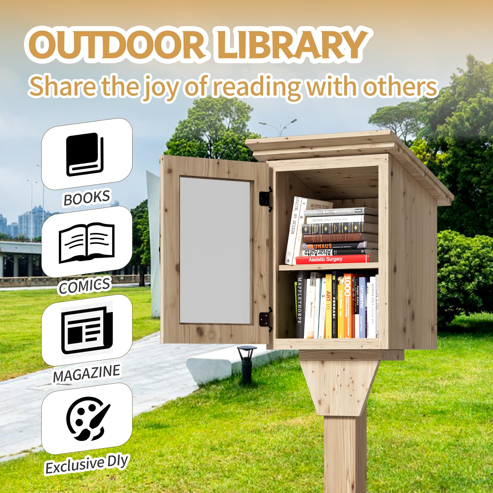 MSFE Bibliothèque Rangement Bois, Little Free Étagère à Livres en Forme de Maison, Double Petite Boîte à Bibliothèque étanche d'extérieur avec étagère, Kit de Bricolage pour Partager des Livres