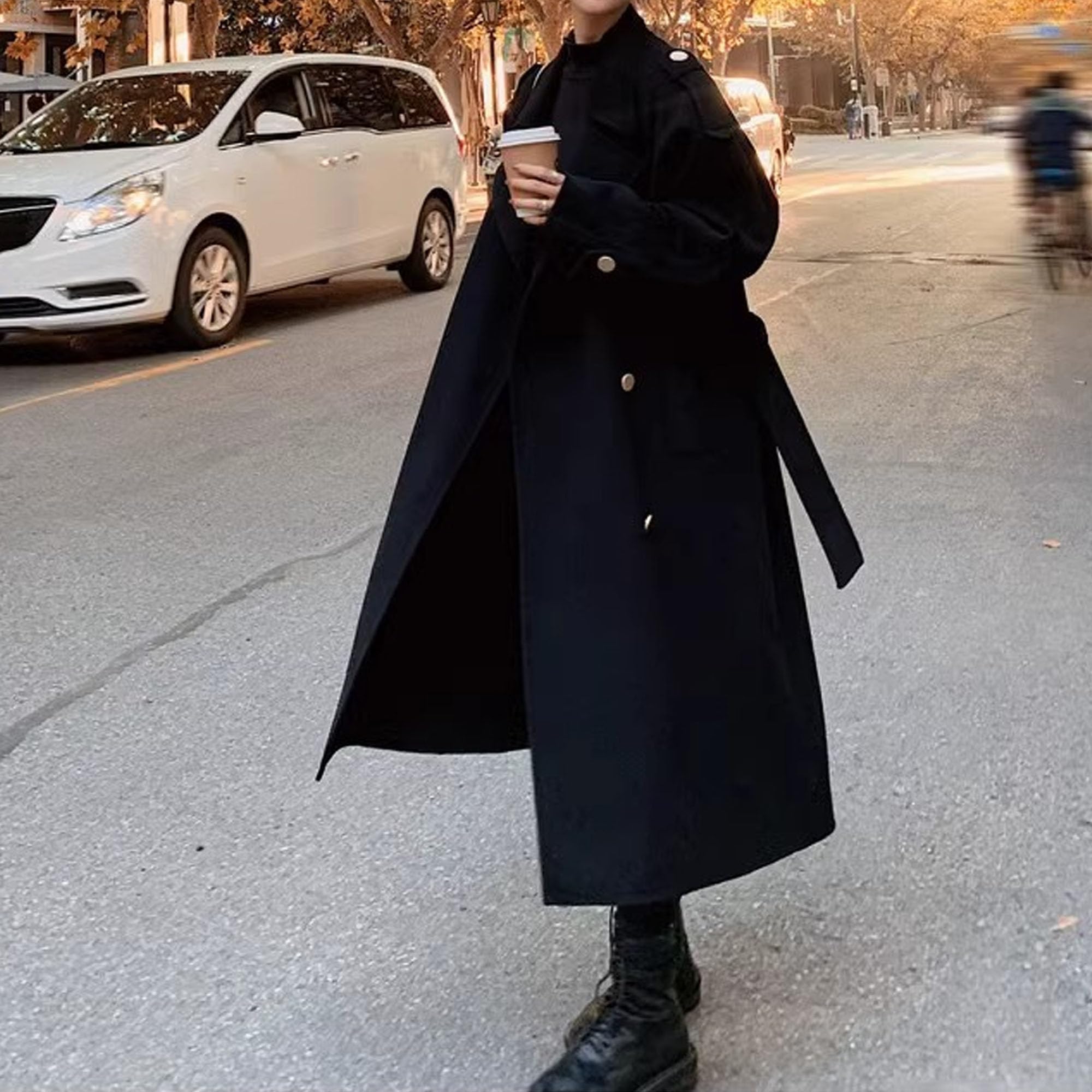 Cappotti lunghi da donna, cappotto sopra il ginocchio in finta lana alla moda, giacca invernale doppiopetto con revers a lancia e cintura