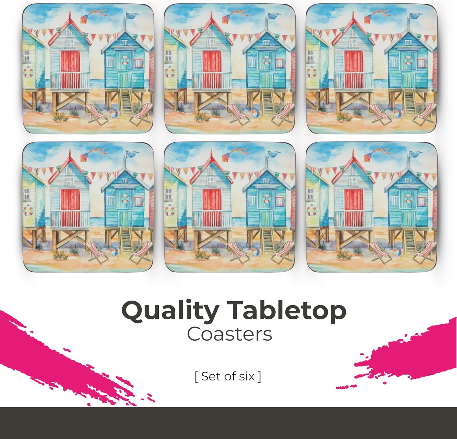 Pimpernel Beach Huts Coasters, Set of 6, Heat & Stain Resistant, Durable Drink Coasters & Table Protection for Home, Kitchen, Dining, Coffee Table & Everyday Entertaining