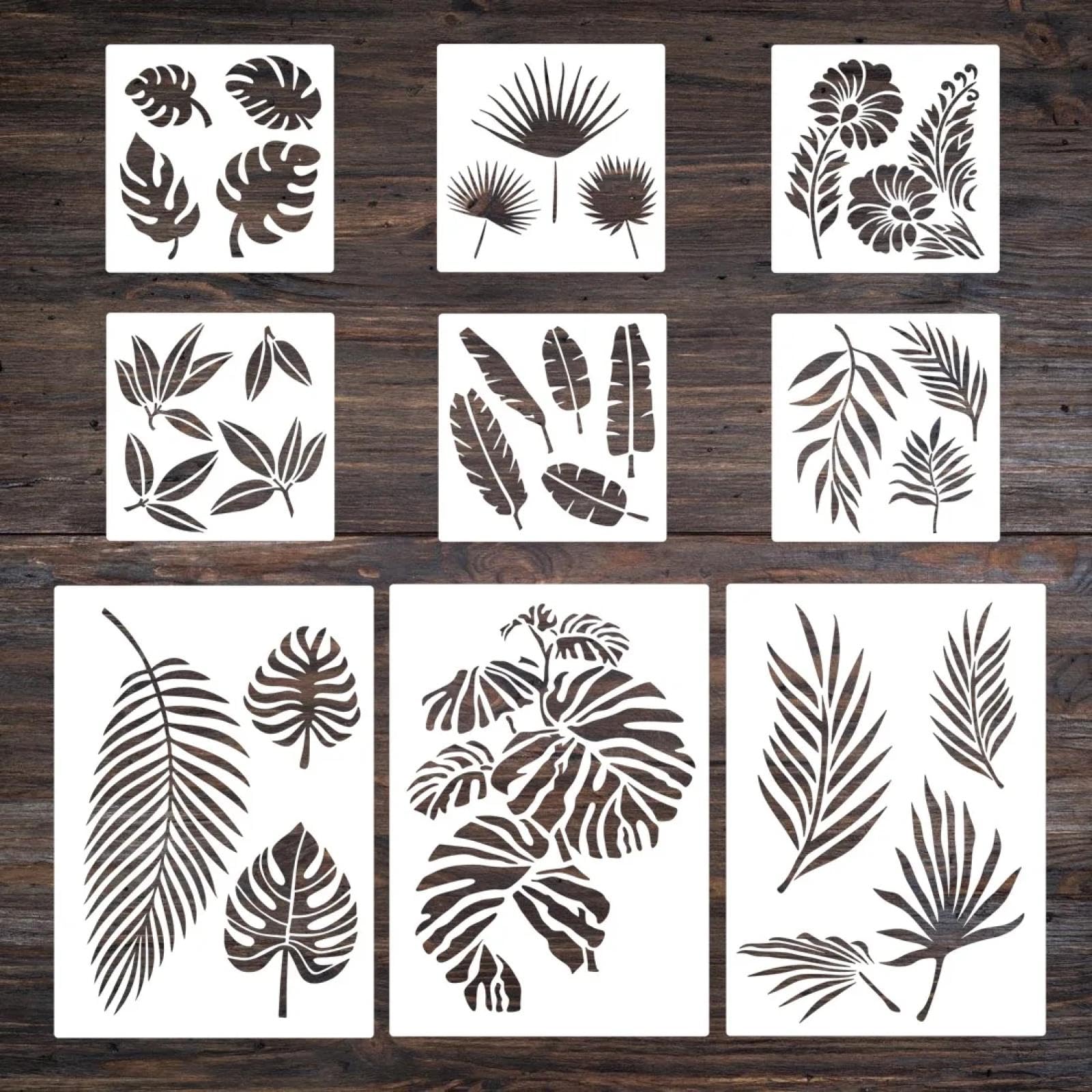 Stencil per artigianato riutilizzabili, 9 pezzi, formato A4, 29 cm, motivo: foglie verdi da giardino, per dipingere su legno, stencil da parete, modelli da disegno per porte e decorazioni domestiche