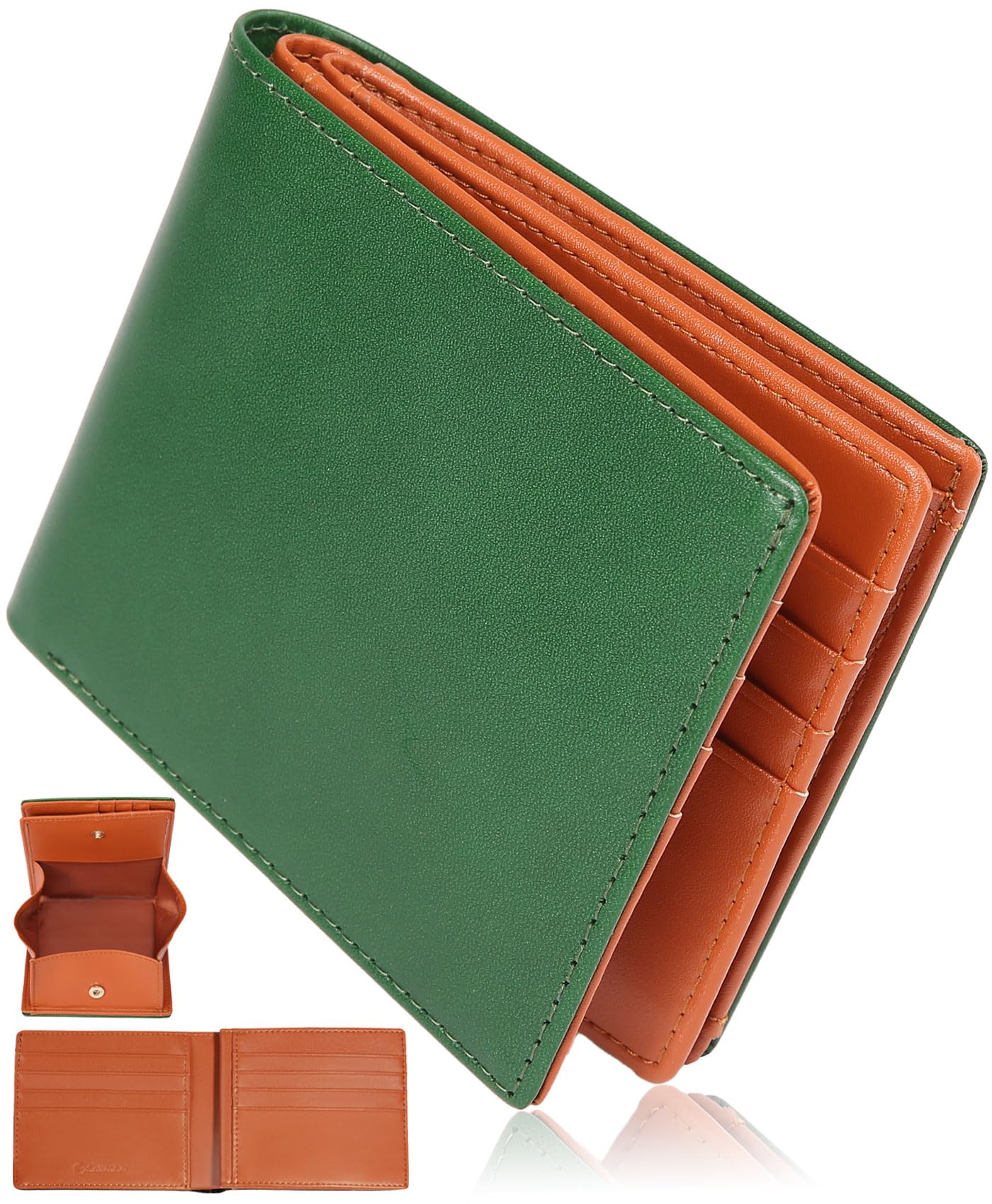 Bi-fold Wallet, Men's, Bifold Wallet, Tochigi Leather, Genuine Leather, Box-shaped Coin Purse, Large Capacity, 16 Cards, Father's Day, Money Luck, green : Clothing, Shoes & Jewelry