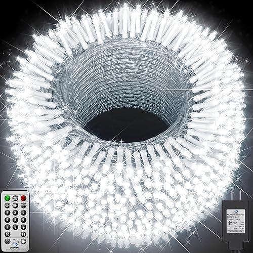 Guirnalda de 1000 luces LED de 403 pies, luces de Navidad para exteriores, decoración de Navidad, blanco frío, 8 modos y control remoto con
