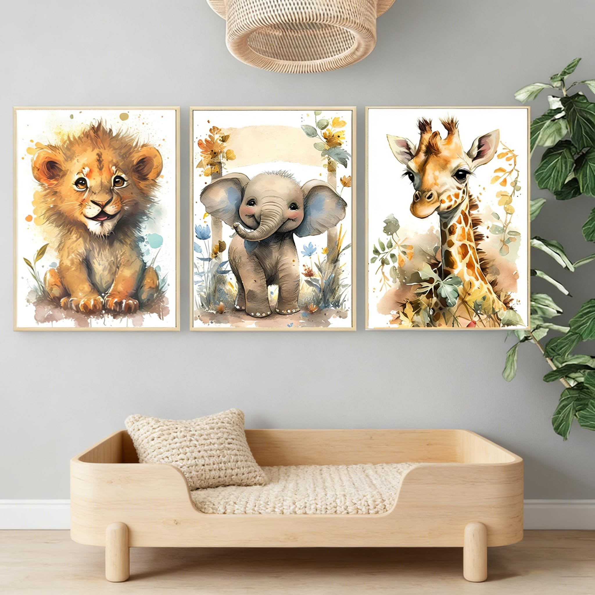 BeiYiHo 3 Affiche Animaux Chambre Bebe Tableau Jungle Chambre Enfant Savane Decoration Murale Garçon Beige 40X50 Poster Elephant Lion Girafe Deco sans Cadre (BYCH074-40x50)
