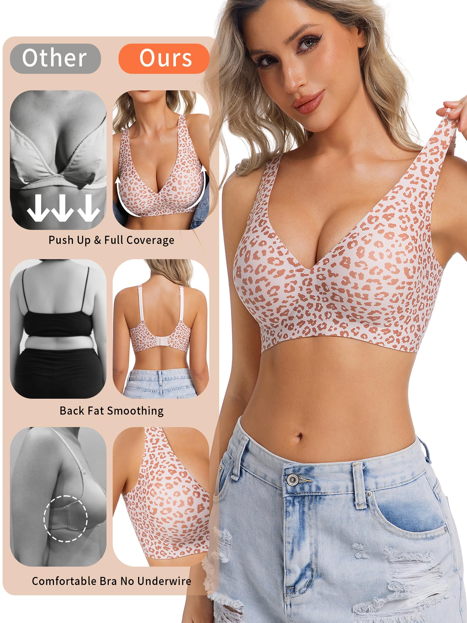 HOWIN Sujetador sin Aros ni Costuras, Push Up con Relleno y Escote Profundo, Invisible Bralette Mujer, Cómodo para Mujer, Jelly Bras, Ideal Uso Diario