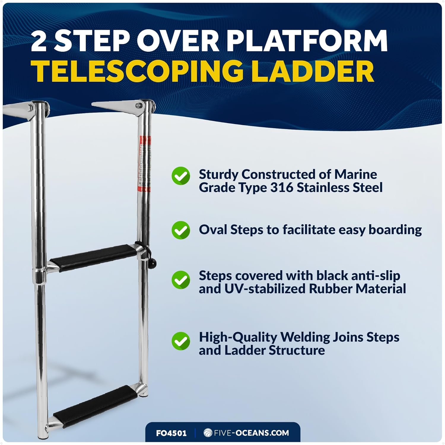 Five Oceans 2 Step Telescoping Swim Ladder, Over Platform - 316 Stainless Steel for Pontoon, Fishing, Bass, Sport, Sailboat - FO4501