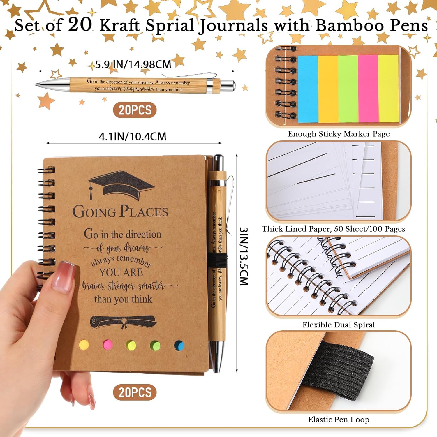 Dinifee 20 Set Graduation Gift Bulk 2026 Inspirational Spiral Kraft Notebook with Sticky Note Bamboo Ballpoint Pen Notepad for Graduation Party Favors Teacher Graduate