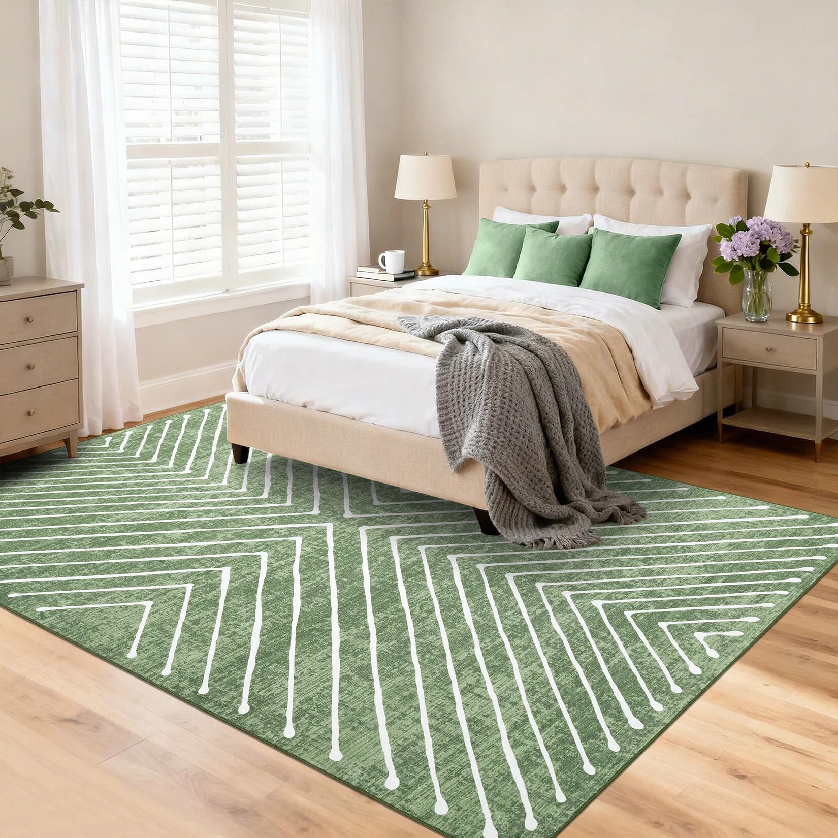 160 x 230 cm, tappeto lavabile per soggiorno, moderni tappeti geometrici per camera da letto a righe, morbido pelo corto, per cameretta dei bambini, ufficio, verde