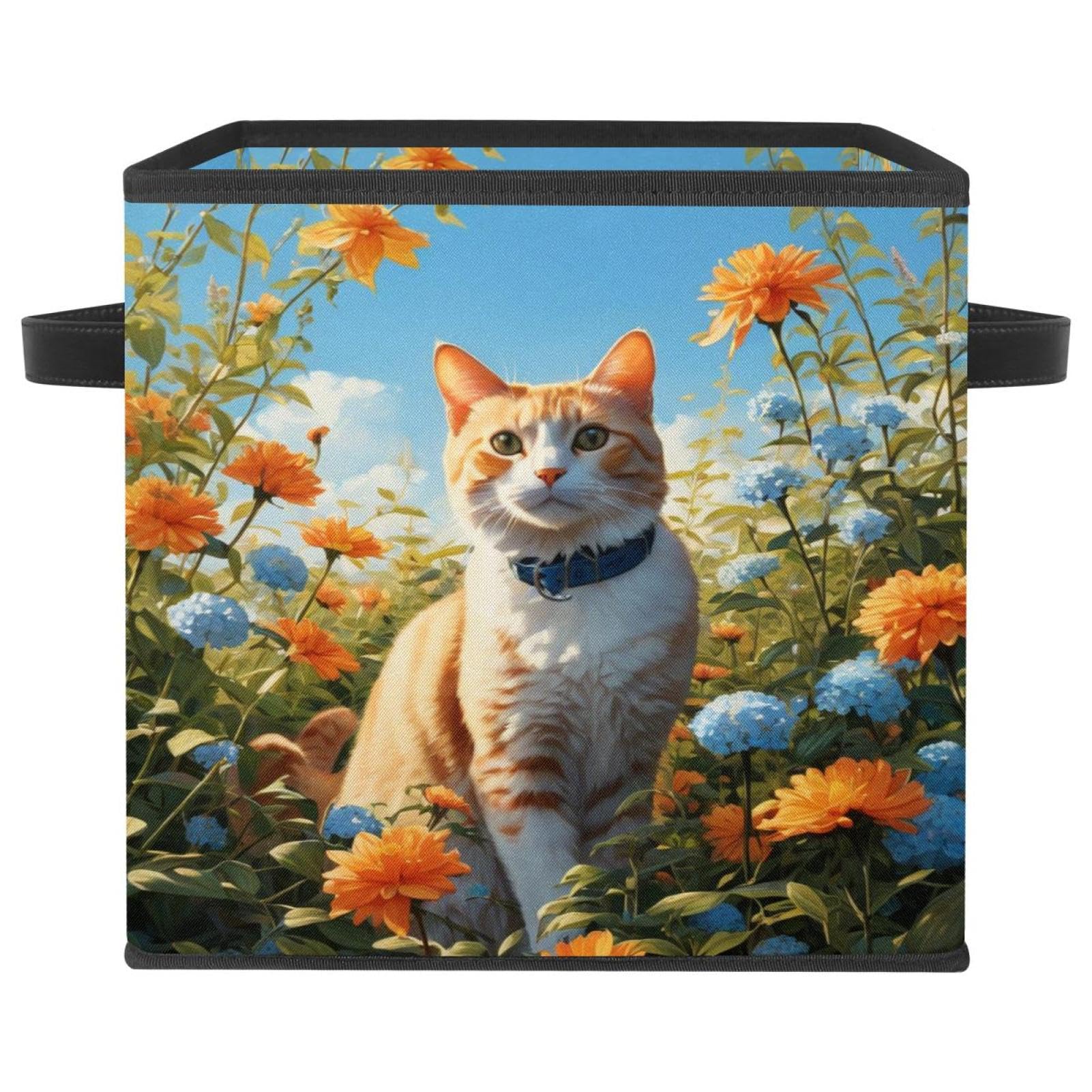 Grand cube de rangement chic avec poignées cuir et motif chat