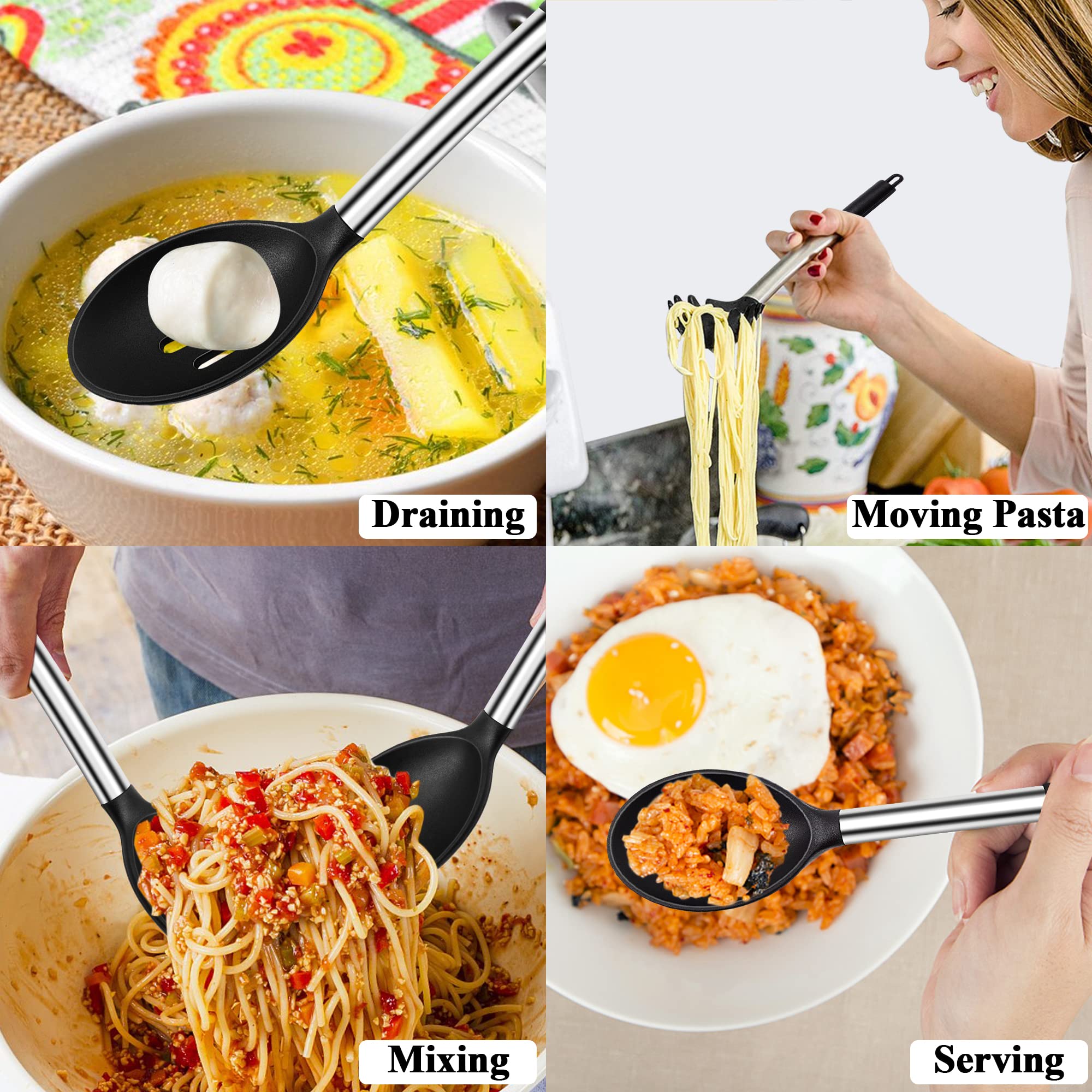 Set 3 Cucchiai In Silicone Per Cucina | Antiaderente, Resistente Al Calore 230°C, Nero - 34 Cm - Foto 5