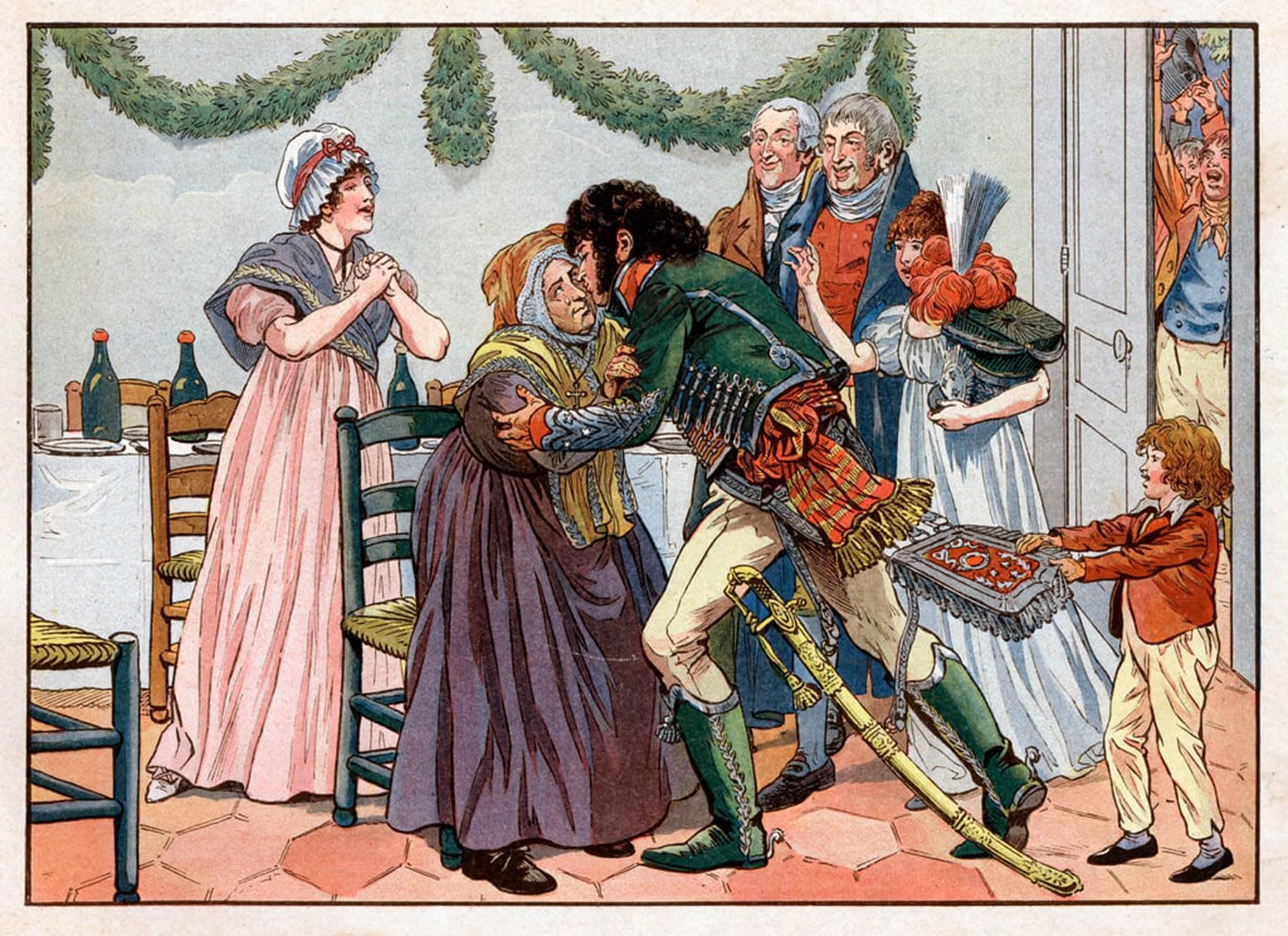 ARTXLXXBN Famous Art Print Poster Vintage Wall Art Joachim Murat Back Home Kisses His Mother in the Family Inn Engraving Canvas Art Poster for Home Decor 60x90cm