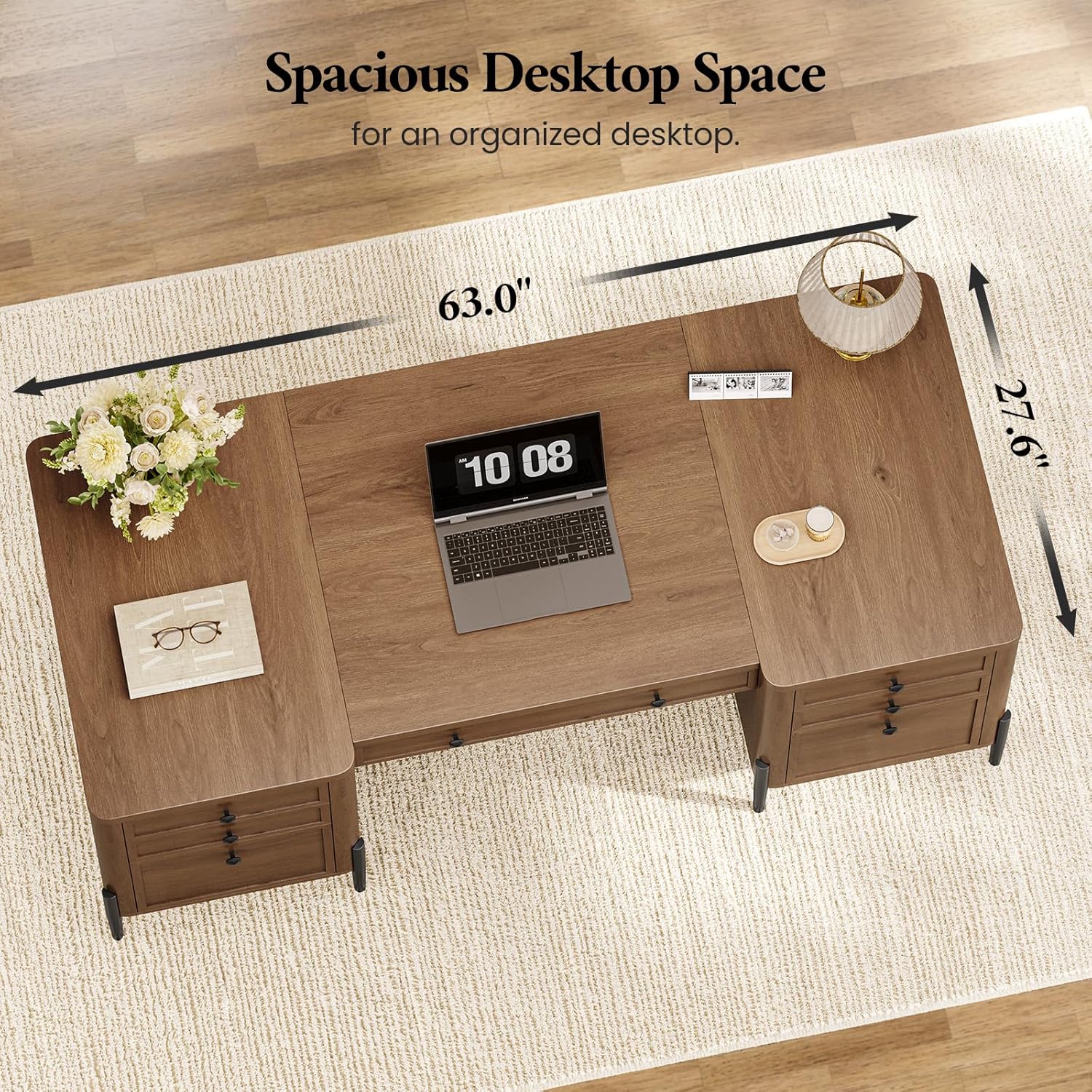 63" Executive Desk with 5 Drawers, Farmhouse Home Office Desks with 2 Storage Cabinet and Keyboard Tray, Large Boss Desk with Privacy Panel, Modern Table with Open Shelf and File Drawer