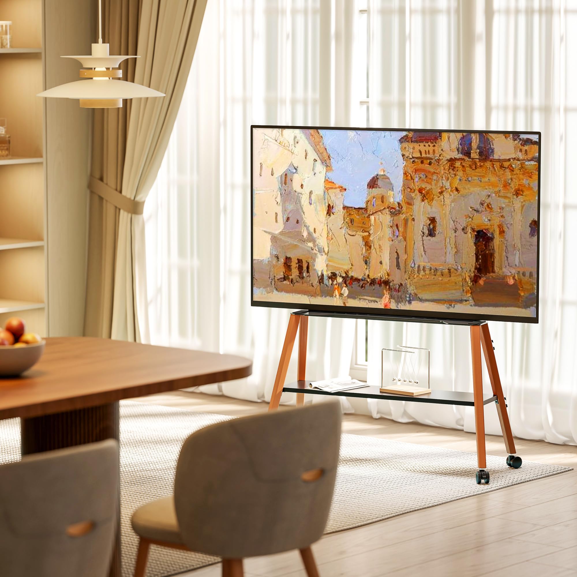 Support TV à roulettes pour téléviseurs de 49 à 75 pouces jusqu'à 40 kg, design chevalet avec structure en métal et étagère en bois, support TV mobile sur roulettes pour magasin, bureau, école