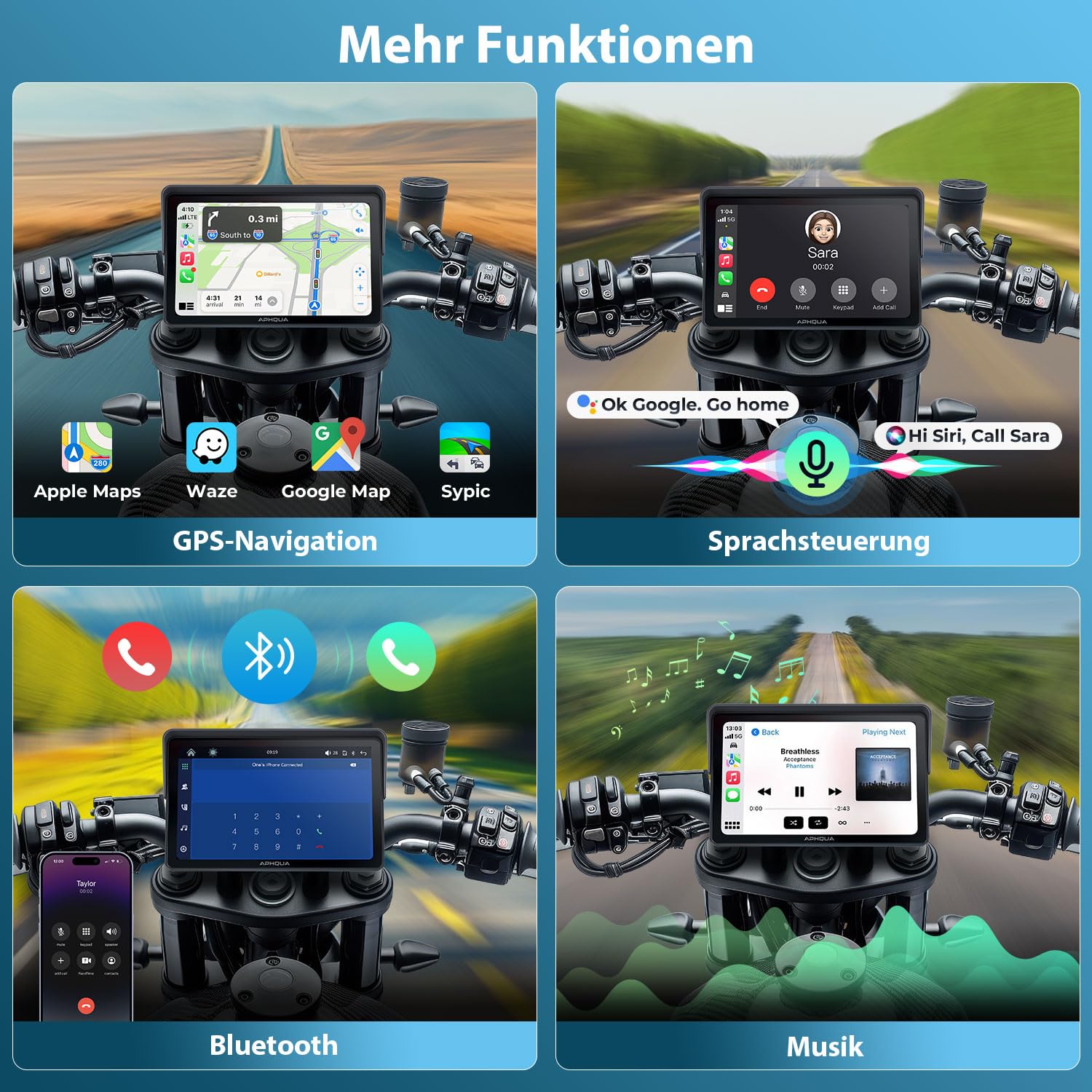 Motorrad Carplay Display 7 Zoll IP67 Wasserdichter Touchscreen, Tragbares CarPlay und Android Auto für Motorrad, unterstützt Bluetooth Trans, GPS-Navigation, Siri – 722